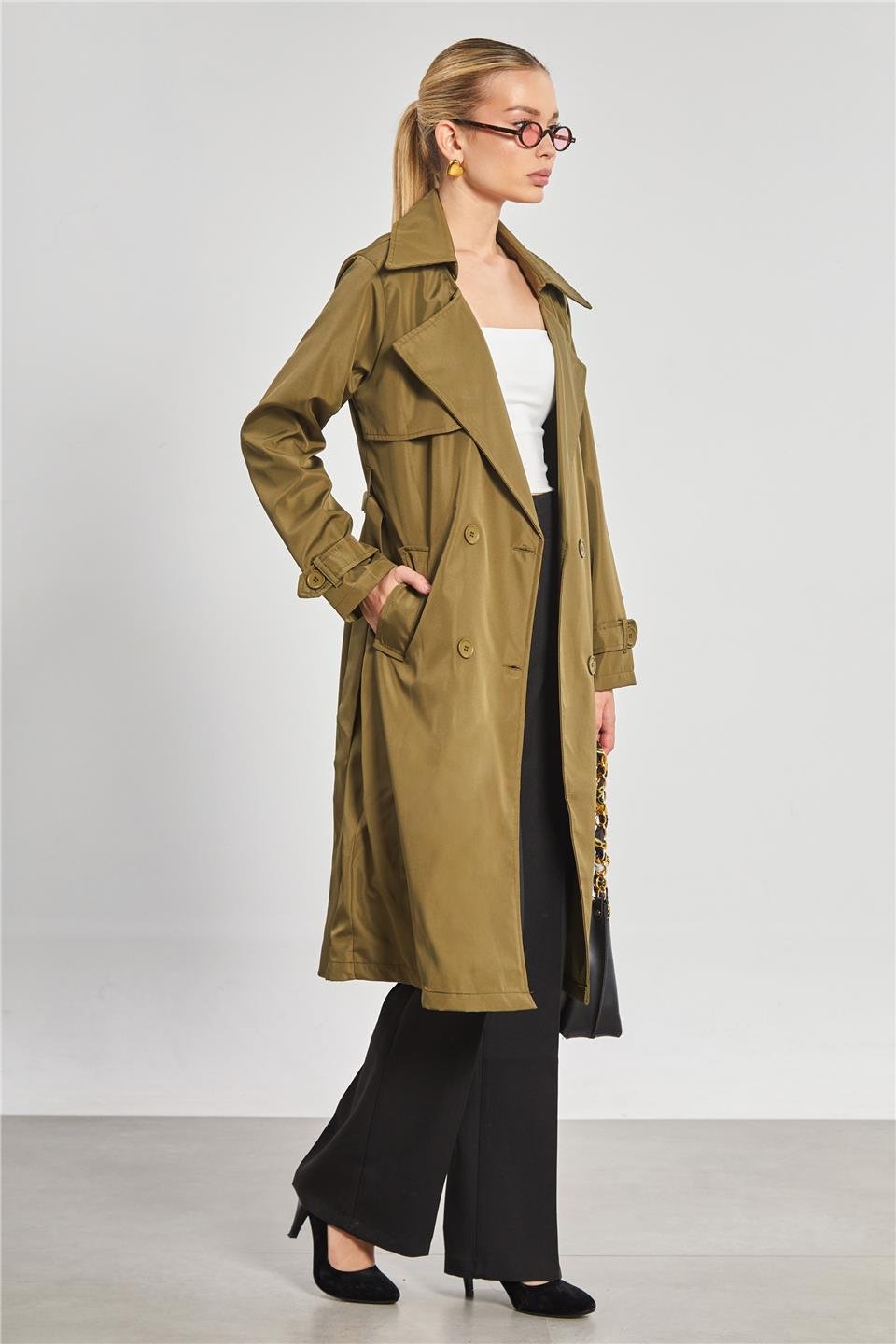 Beli kuşaklı düğmeli uzun trençkot-5918 Haki