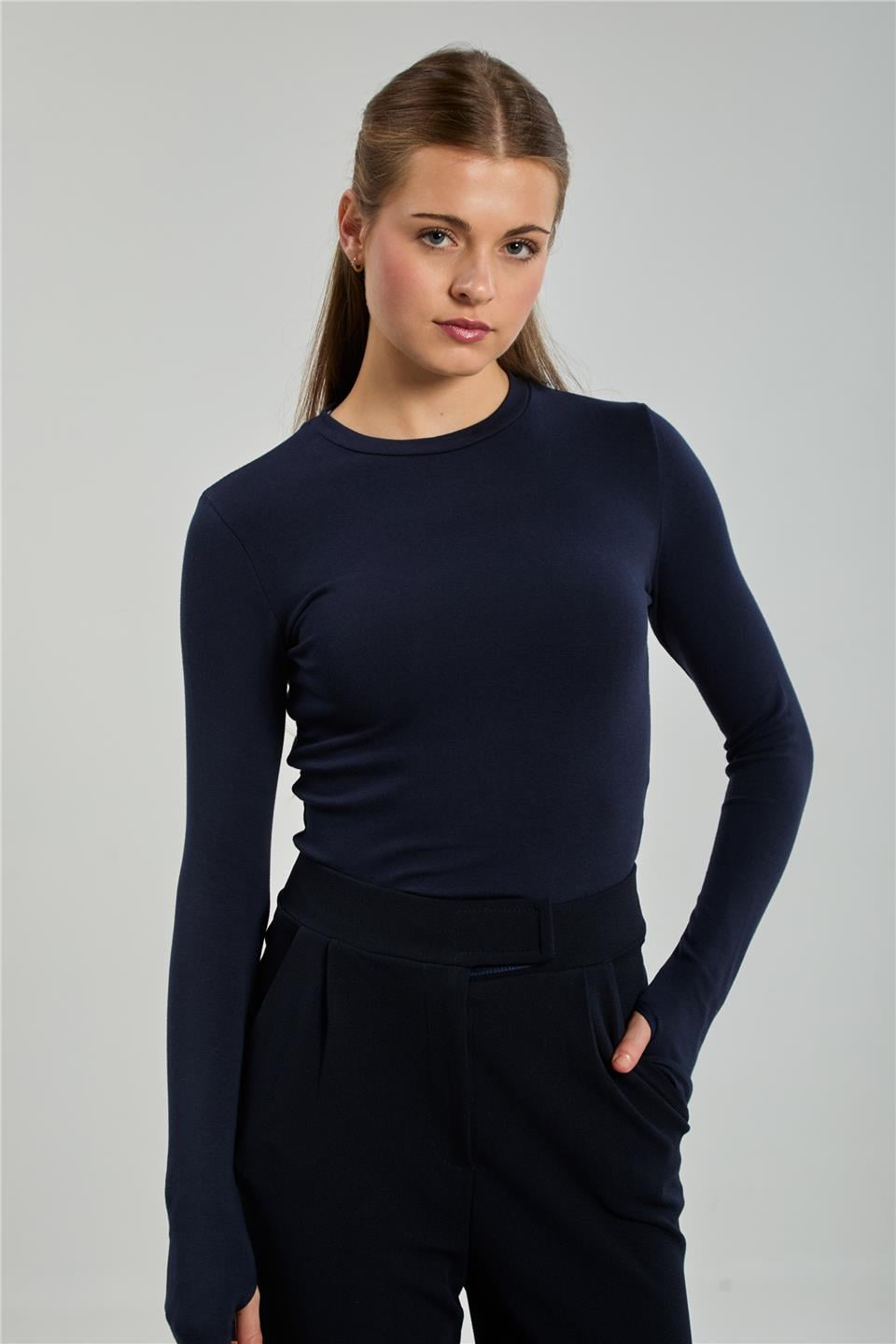 Bisiklet yaka parmak geçmeli uzun kol body-4420 Lacivert