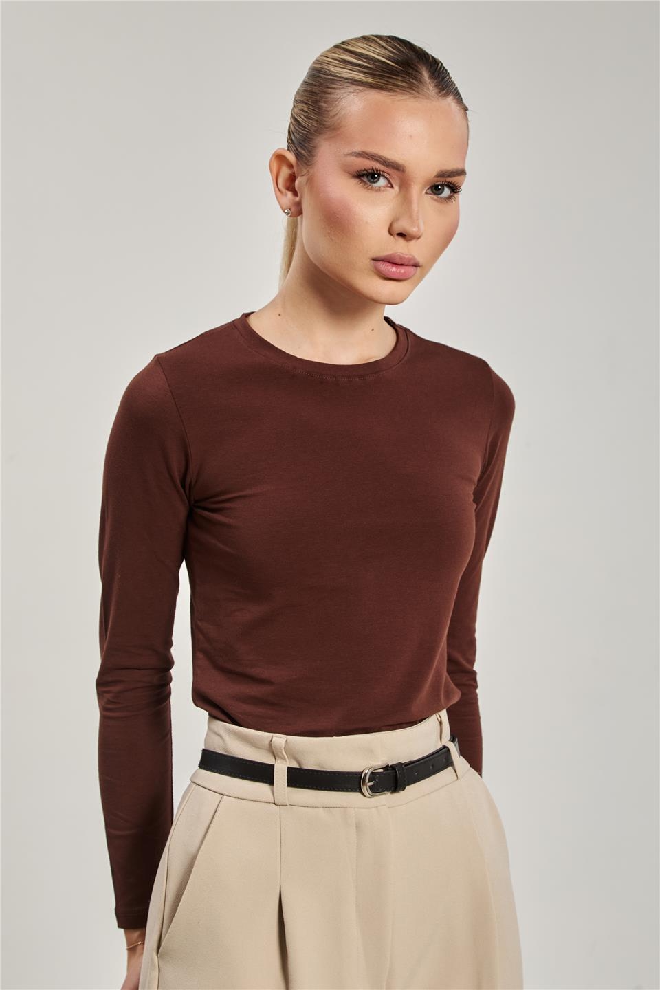 Bisiklet yaka uzun kollu body-150 Acı Kahve