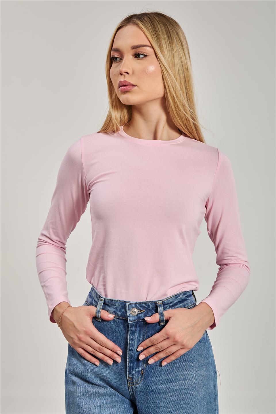 Bisiklet yaka uzun kollu body-150 Pembe