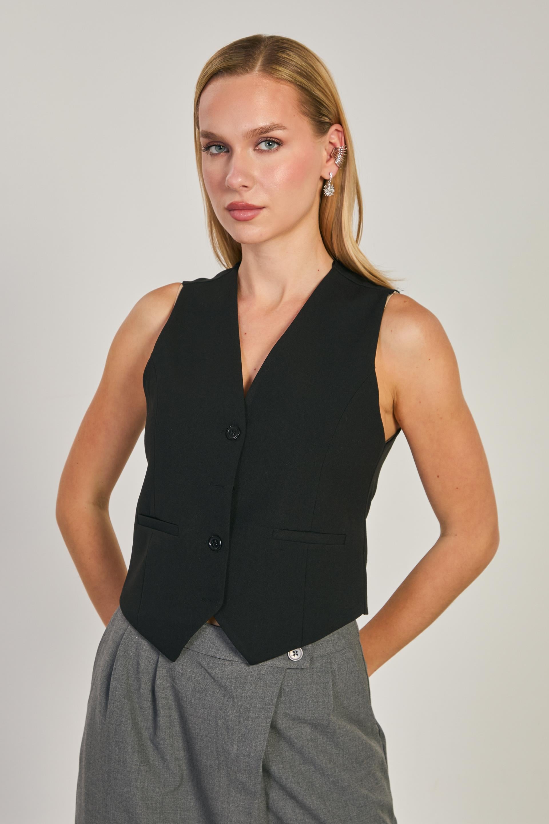 Kadın Düğmeli Fleto Cepli Yelek - Siyah