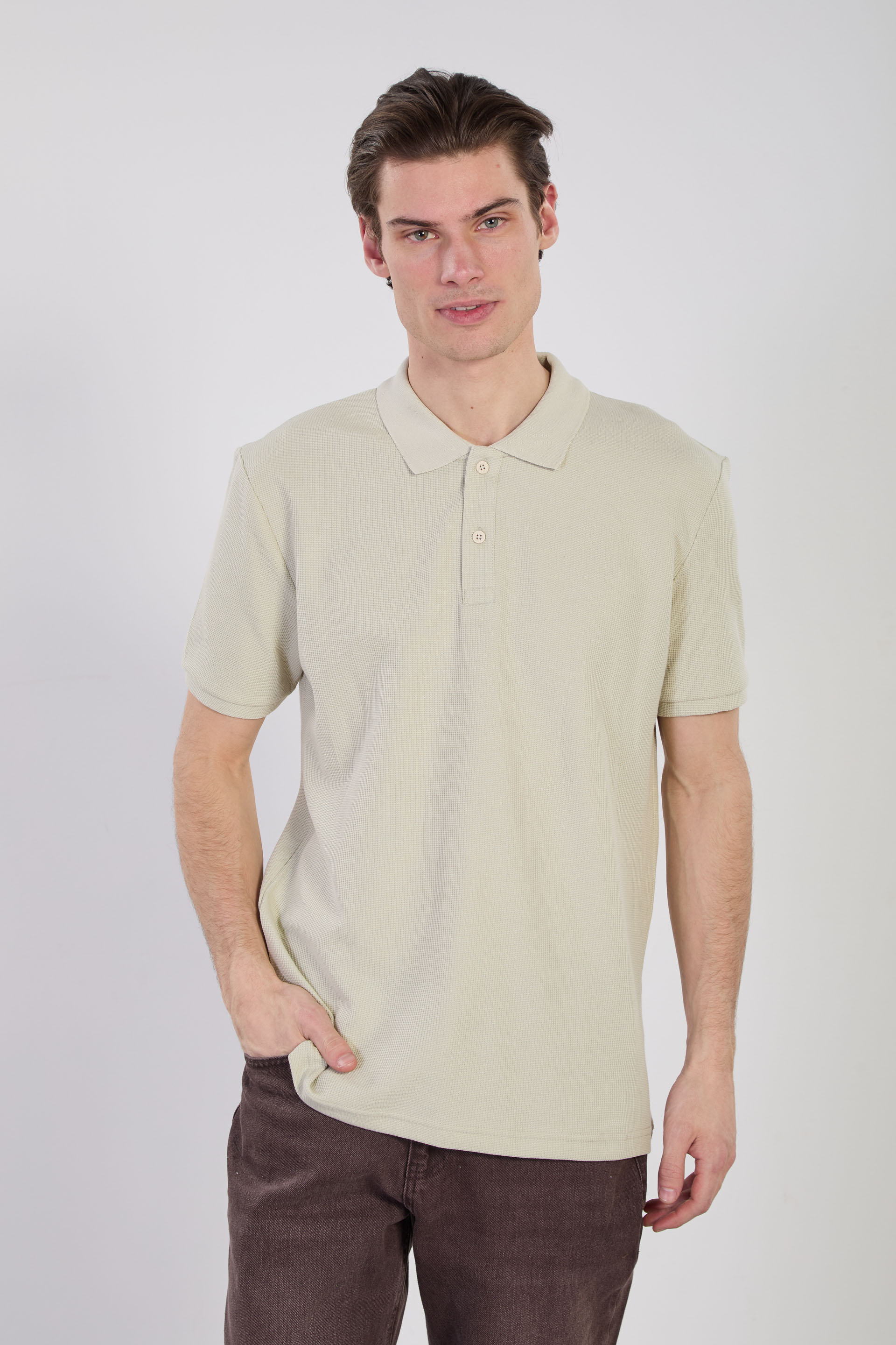 Erkek Waffle Polo Yaka T-Shirt - Taş