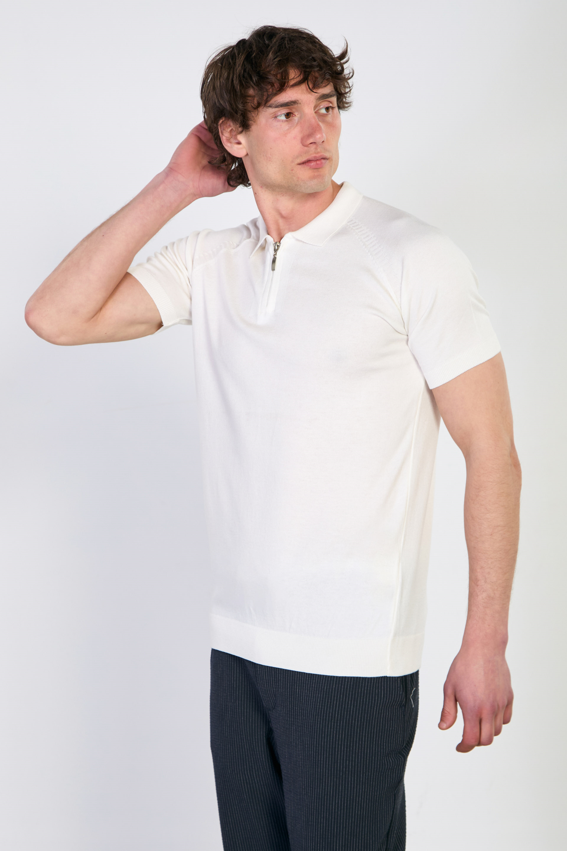 Erkek Yarım Fermuarlı Polo Yaka Triko T-Shirt - Ekru