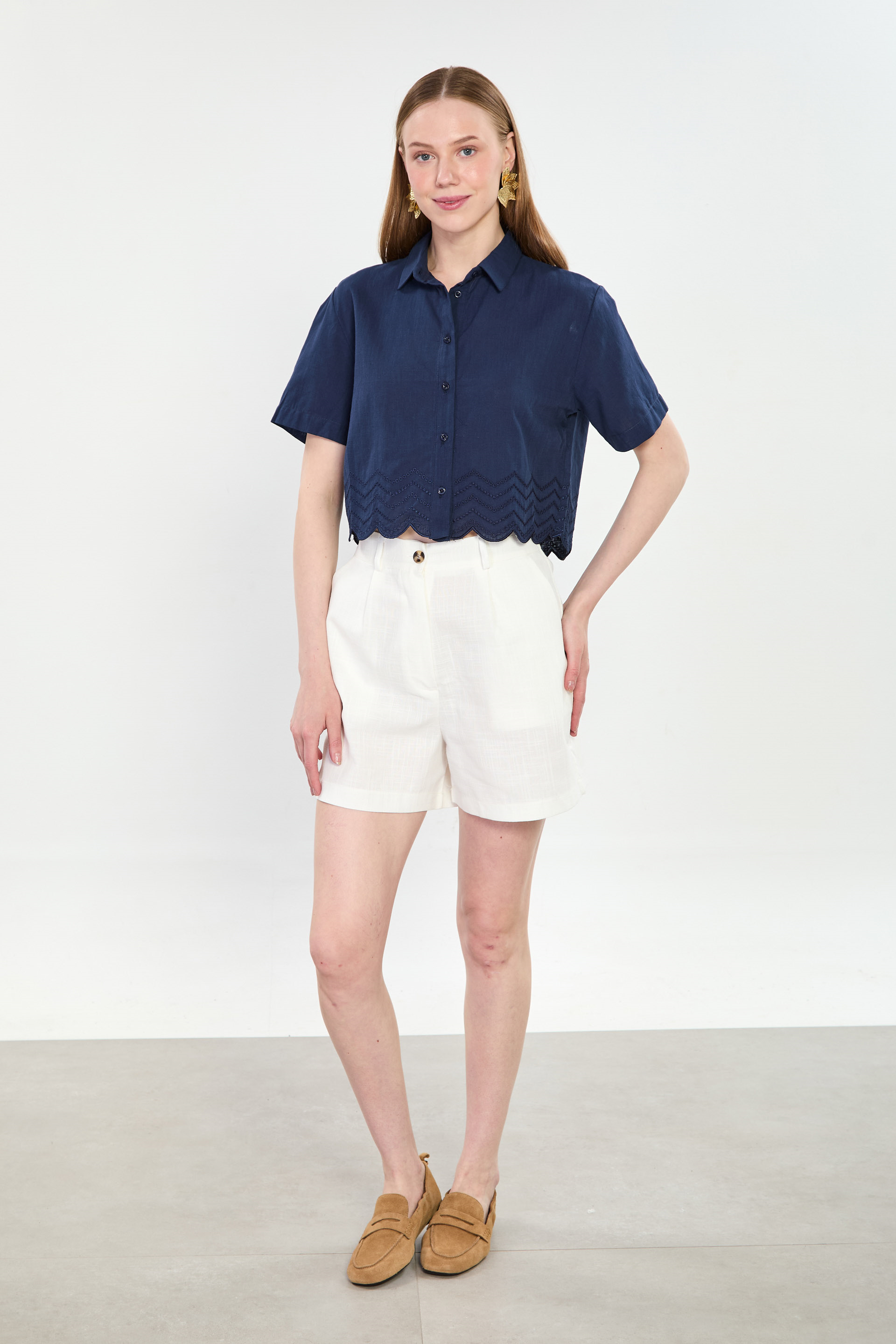 Kadın Keten Şort - Beyaz