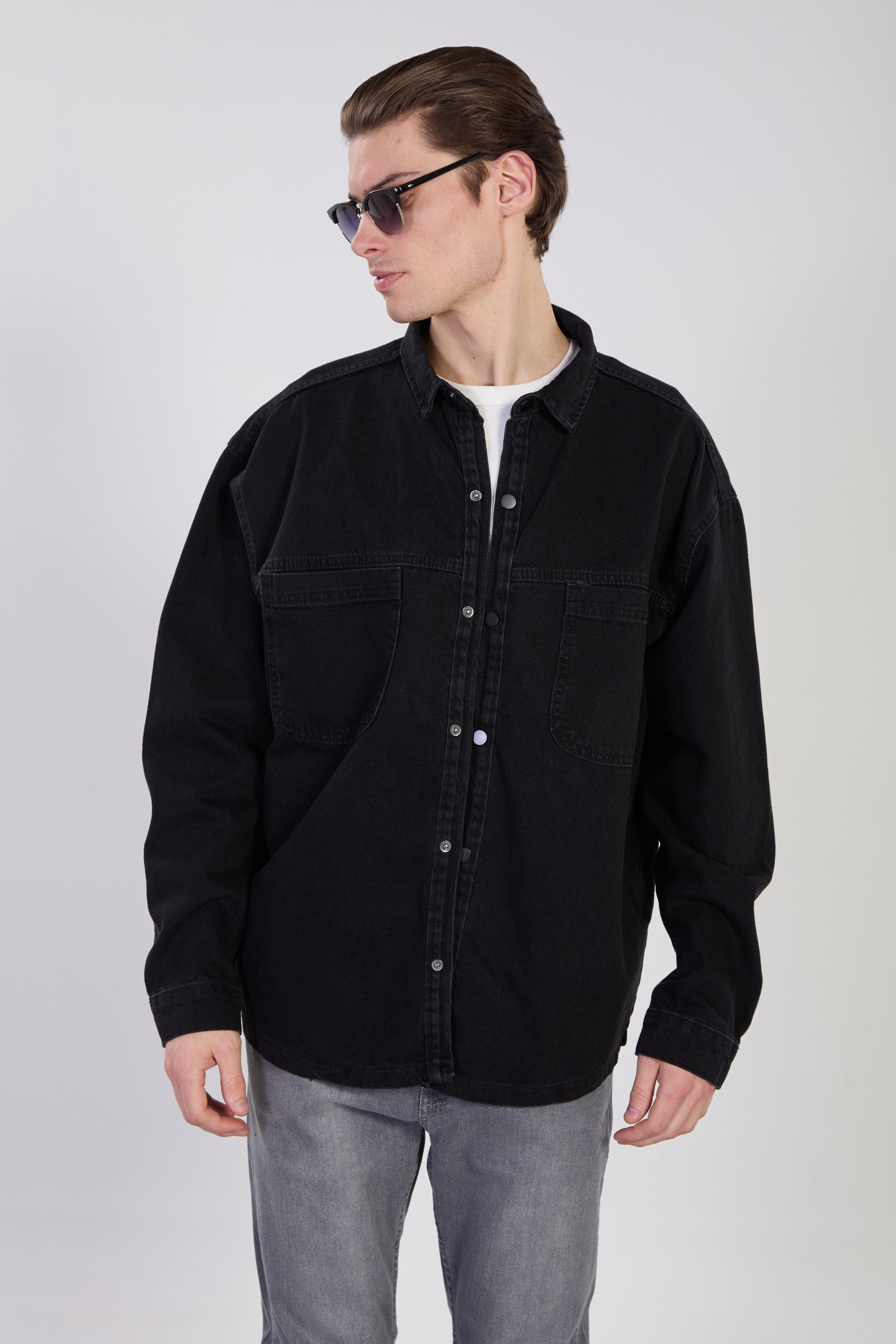 Erkek Çift Cep Çıtçıtlı Denim Ceket - Siyah