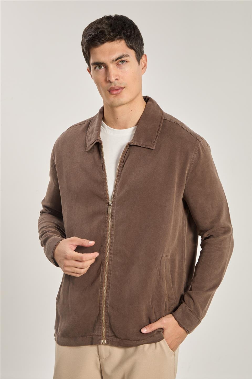 Erkek Fermuarlı Tensel Ceket - Kahve