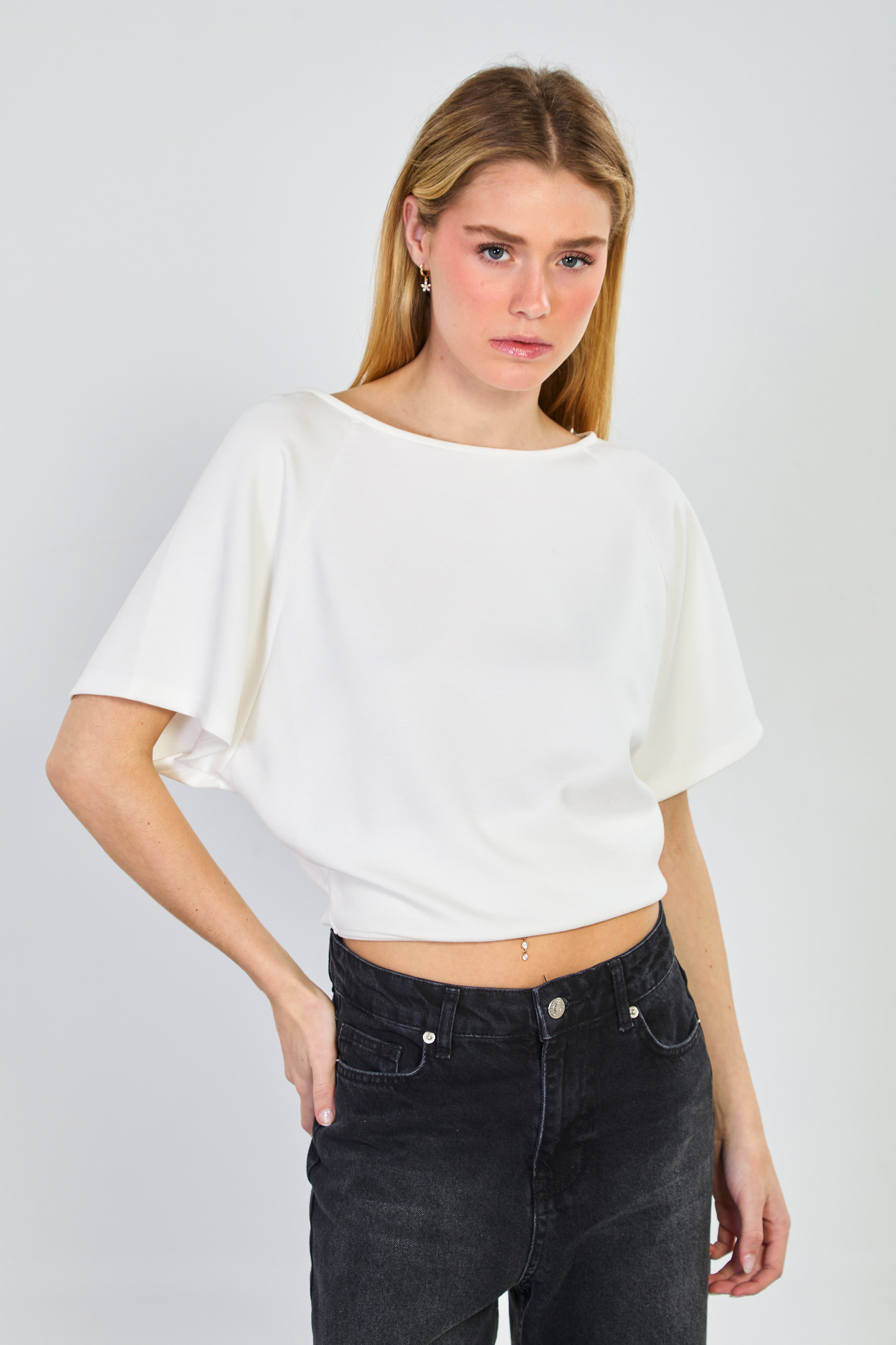 Kadın Kayık Yaka Yarasa Kol T-Shirt - Ekru