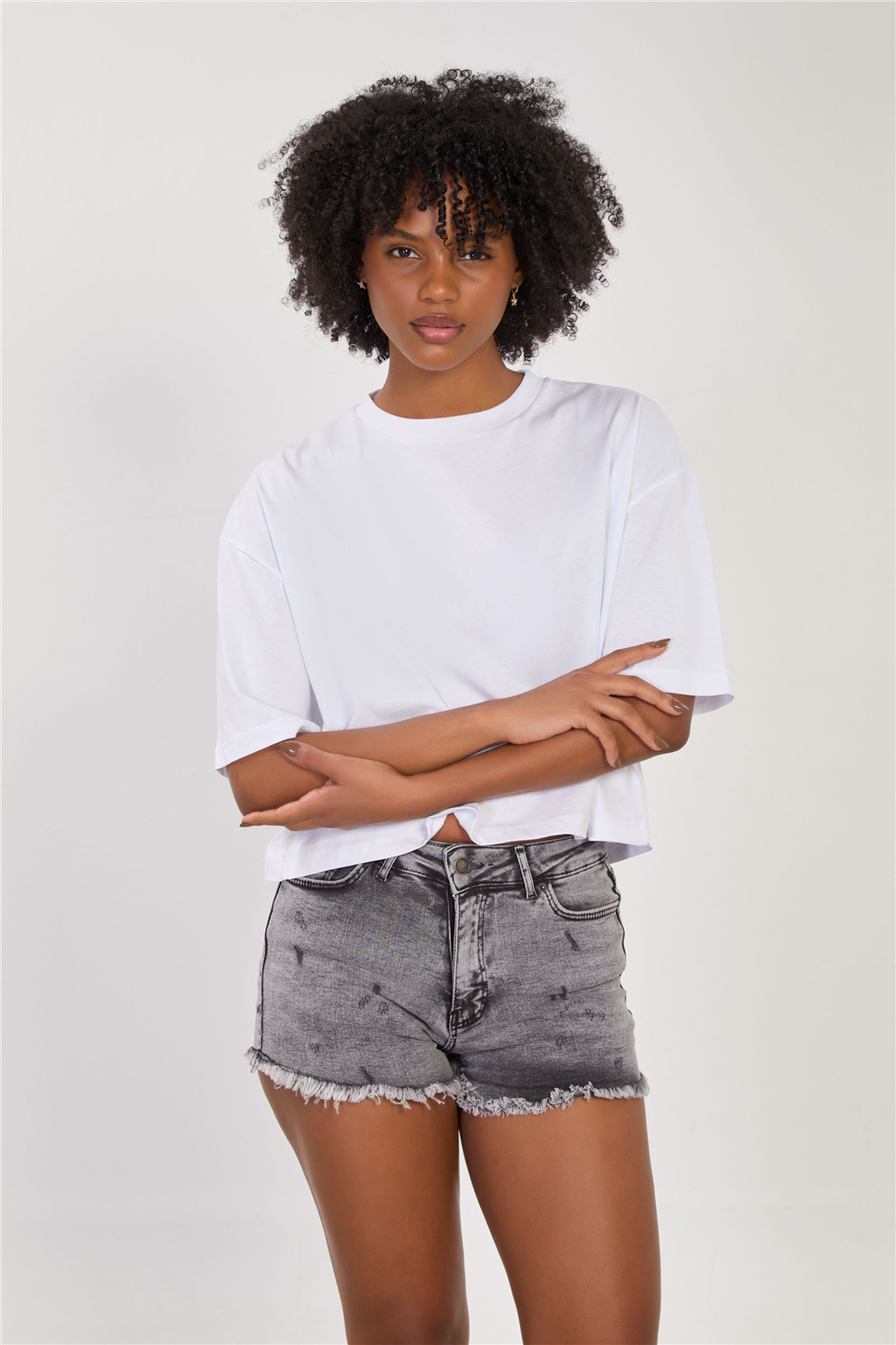 Kadın Bisiklet Yaka Kısa Oversize T-Shirt - Beyaz