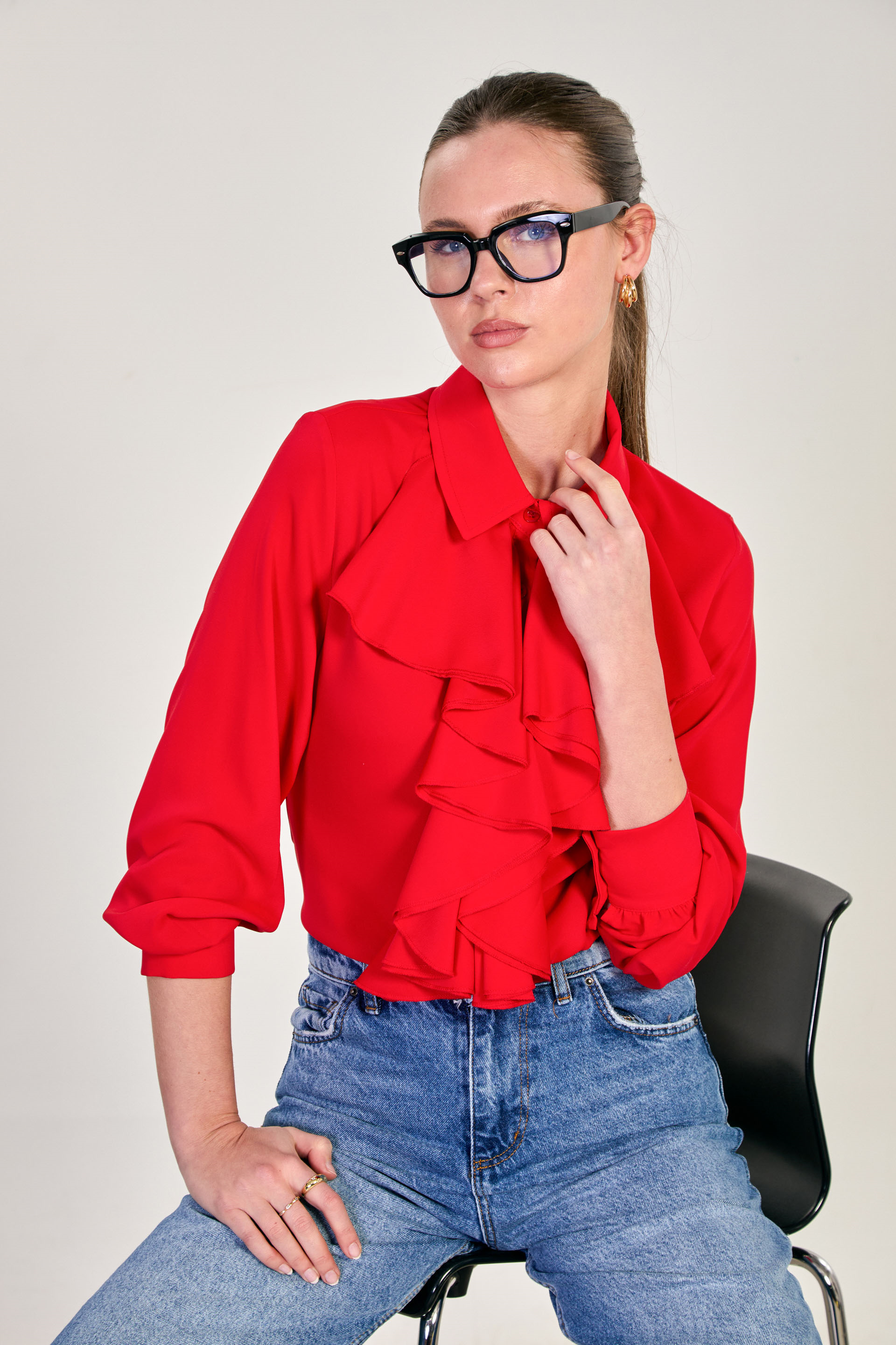 Kadın Önü Fırfırlı Uzun Kollu Gömlek - Kırmızı