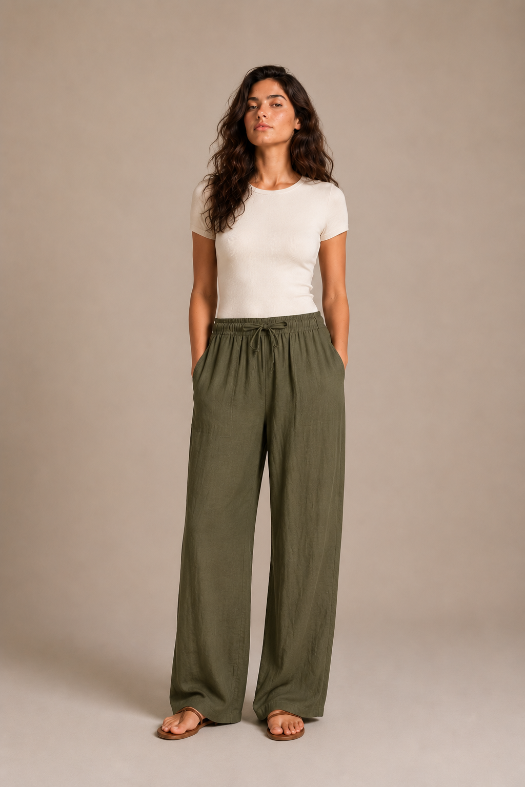 Kadın Beli Bağlamalı Bol Paça Pantolon - Haki