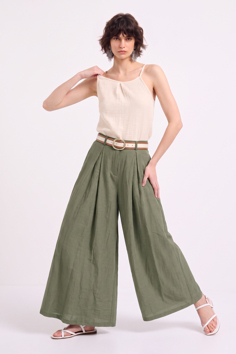 Kadın Kemerli Bol Kesim Etek Pantolon - Olive