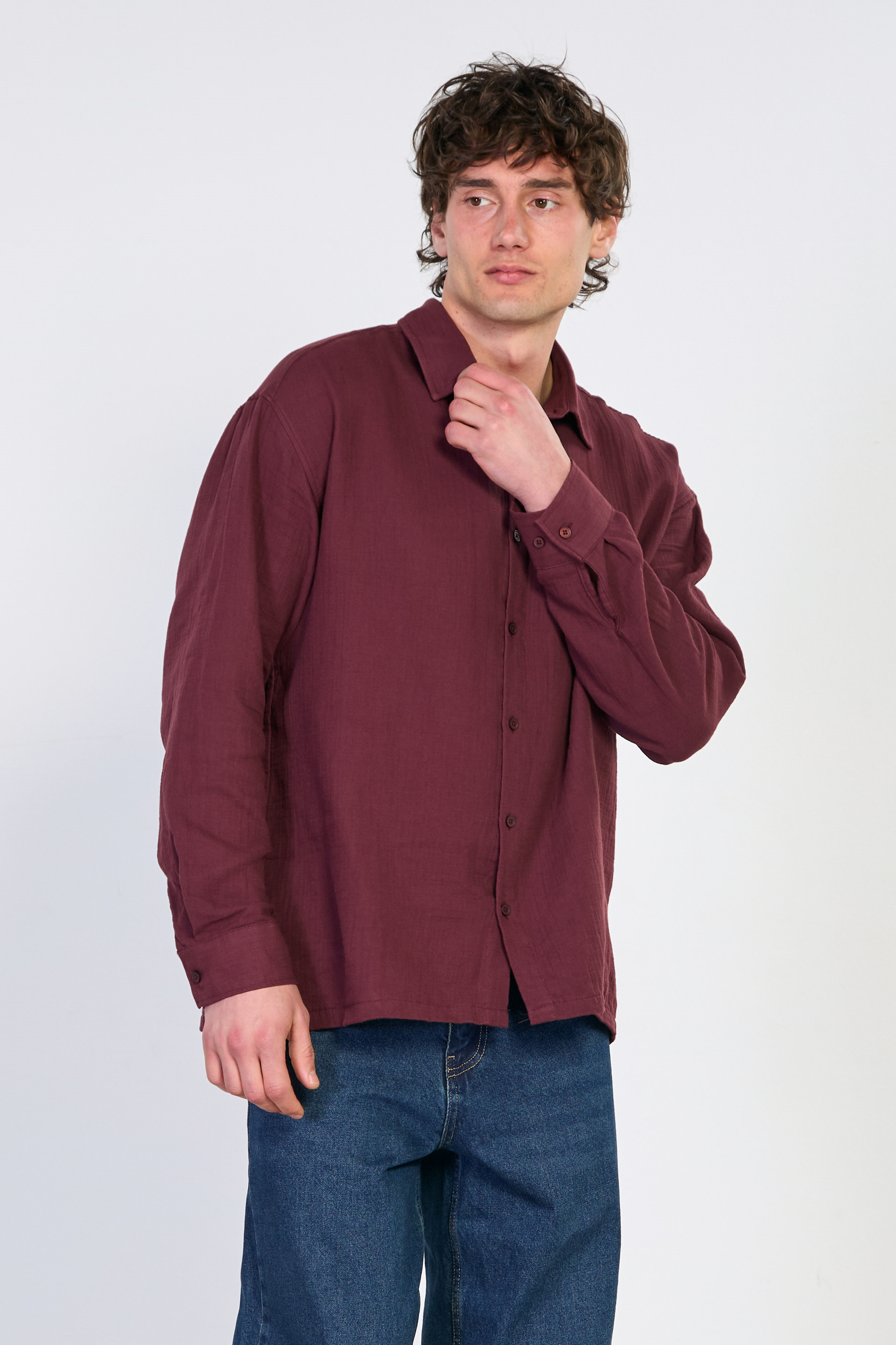 Erkek Uzun Kollu Müslin Gömlek - Bordo