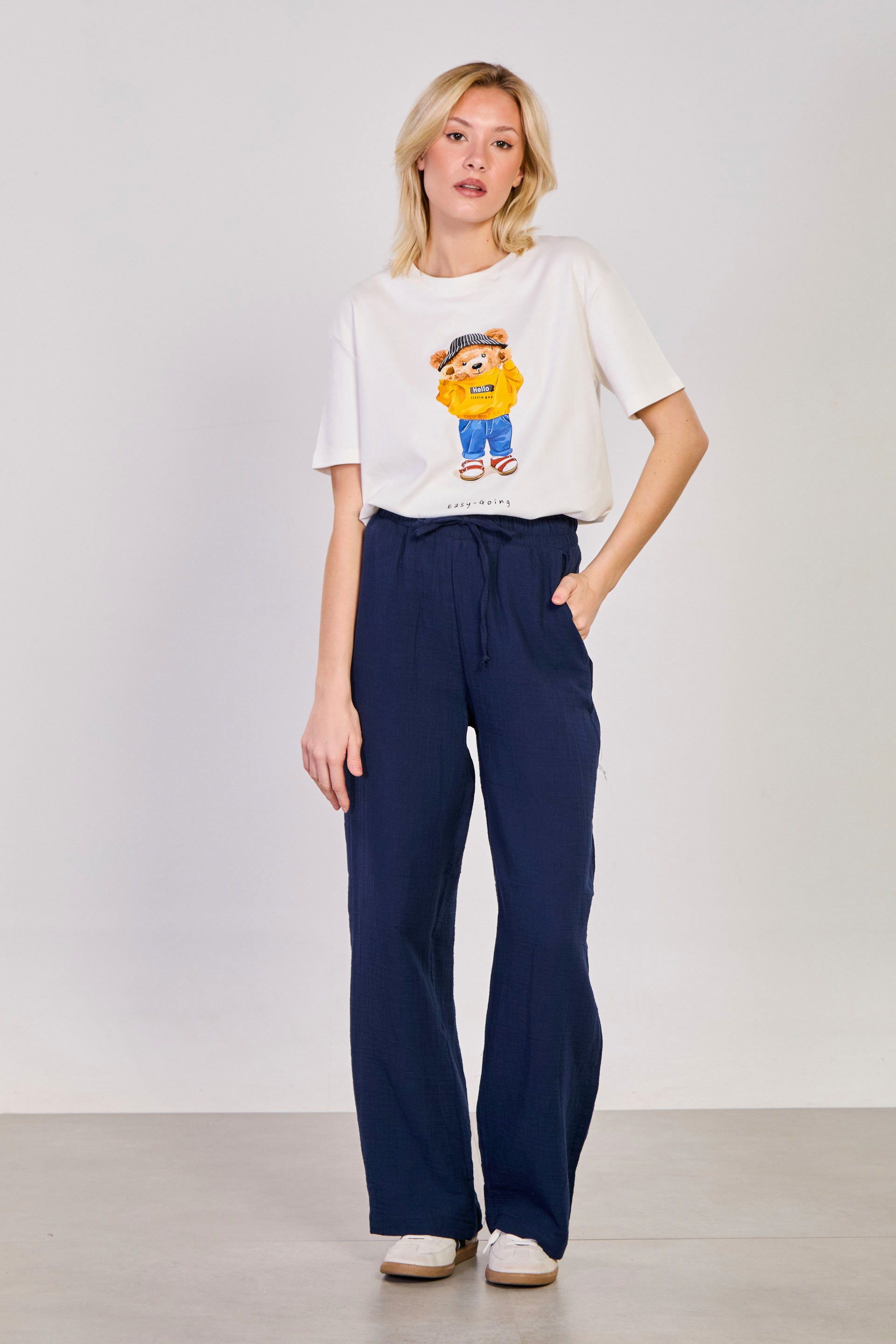 Kadın Beli Bağlamalı Pamuklu Bol Pantolon - Lacivert