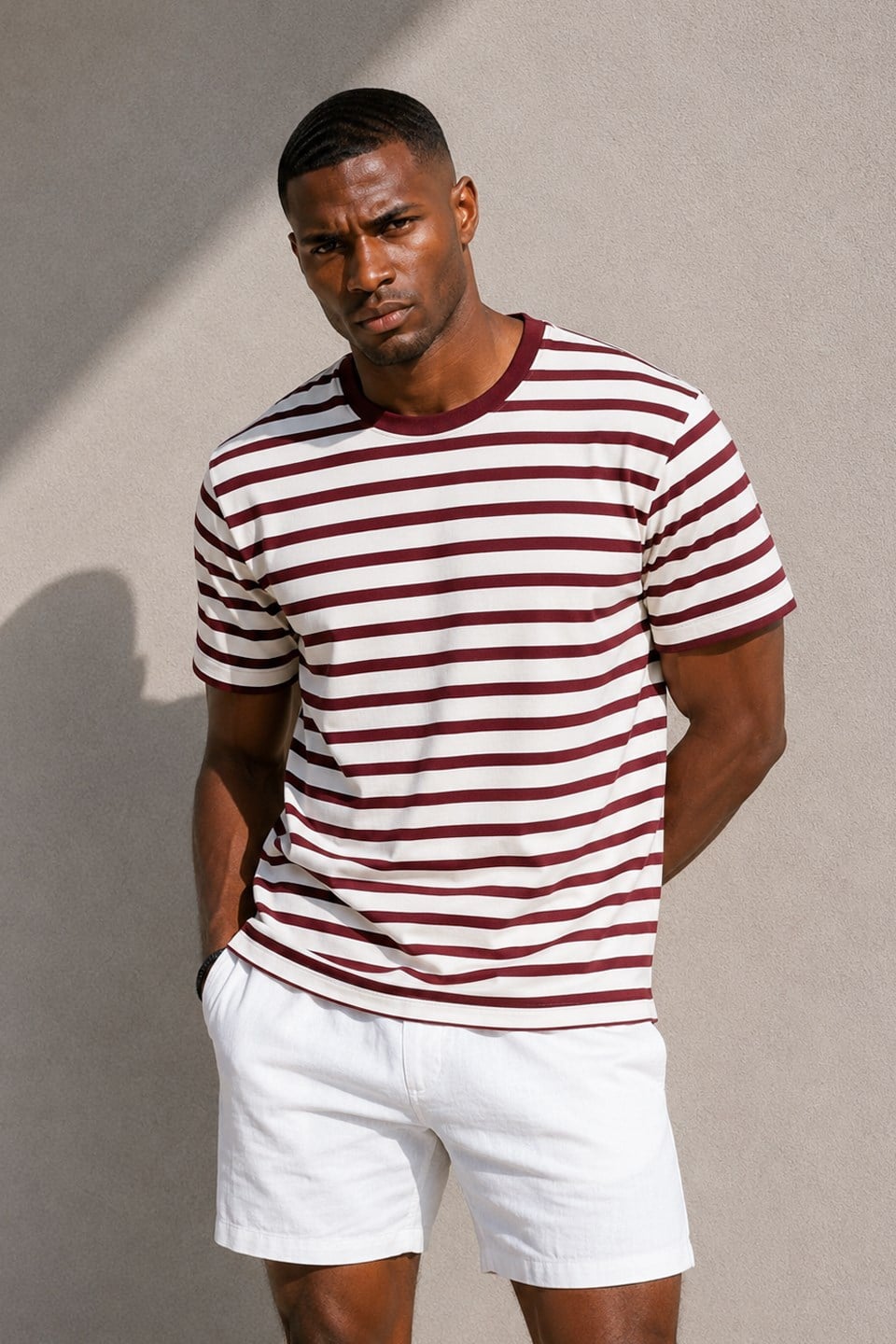Erkek İnce Çizgili Oversize T-Shirt - Bordo