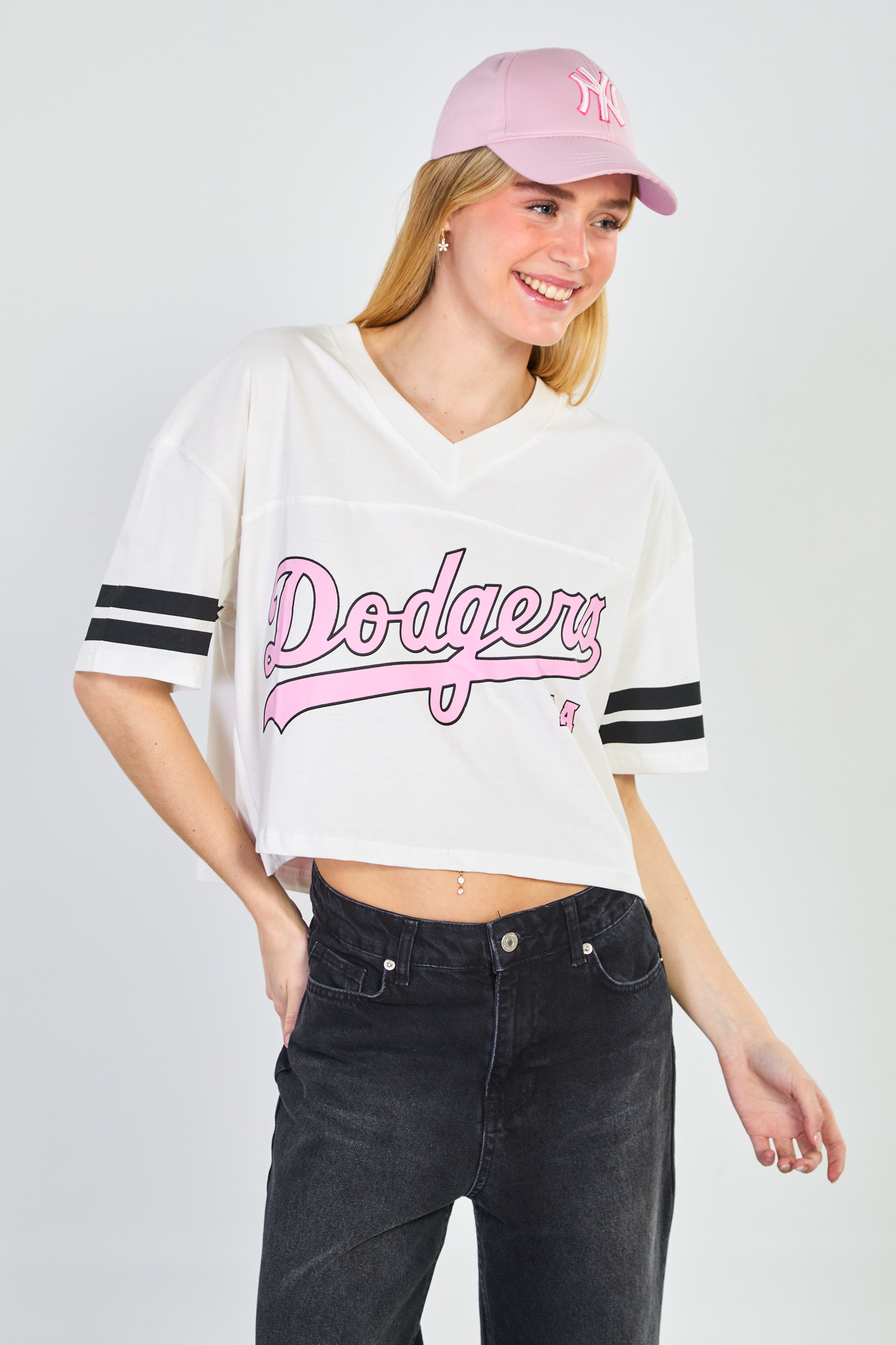 Kadın V Yaka Ön Arka Baskılı T-Shirt - Ekru