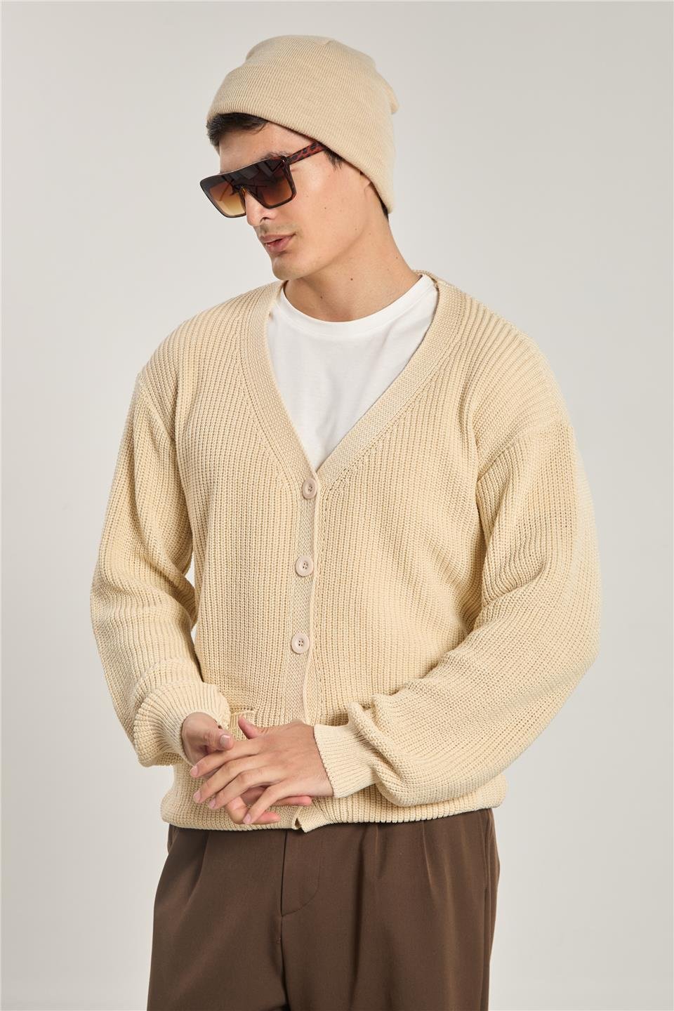 Erkek V Yaka Cepli Triko Hırka - Bej