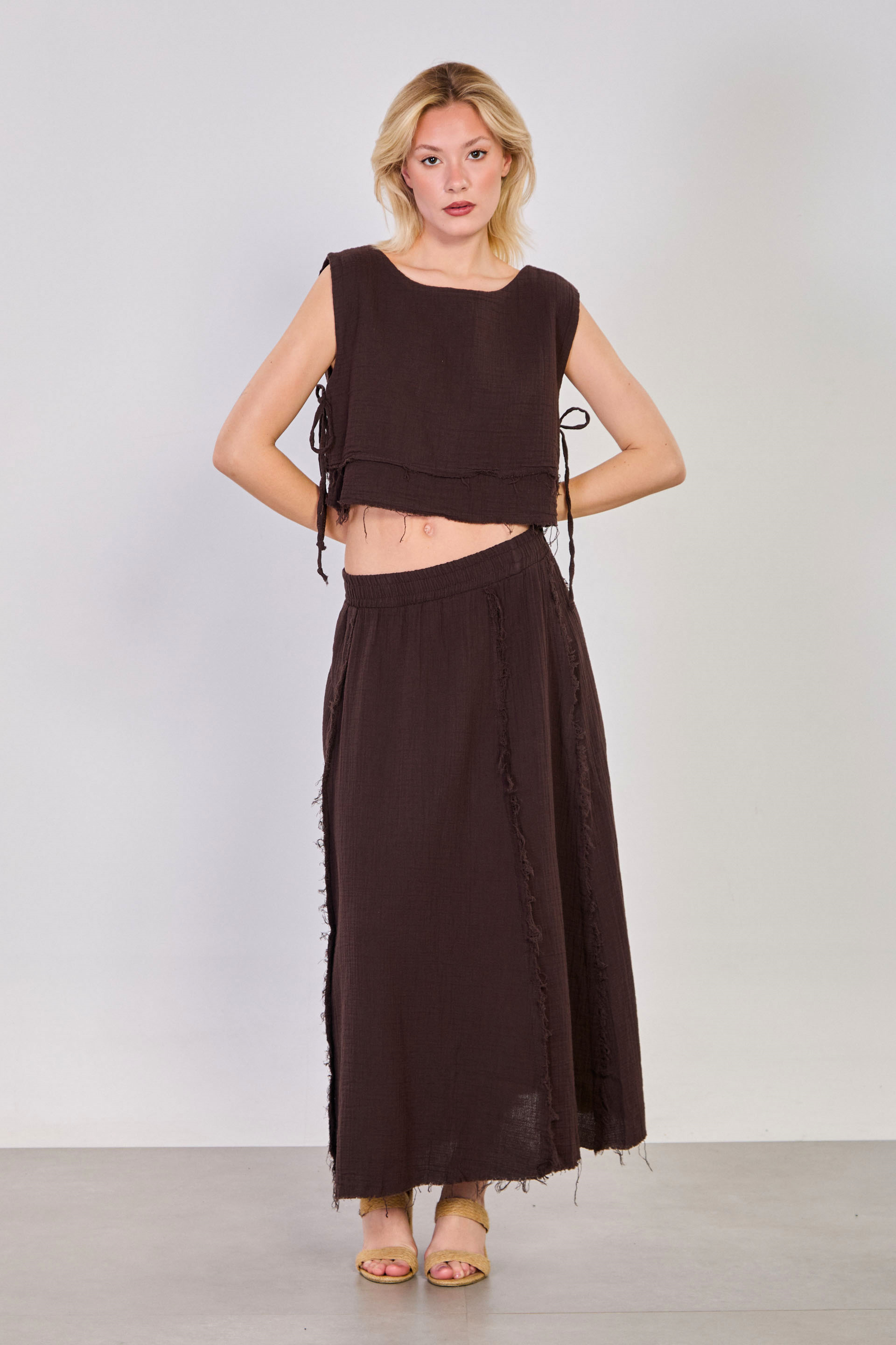 Kadın Yandan Bağlamalı Etek Bluz İkili Takım -  Acı Kahve