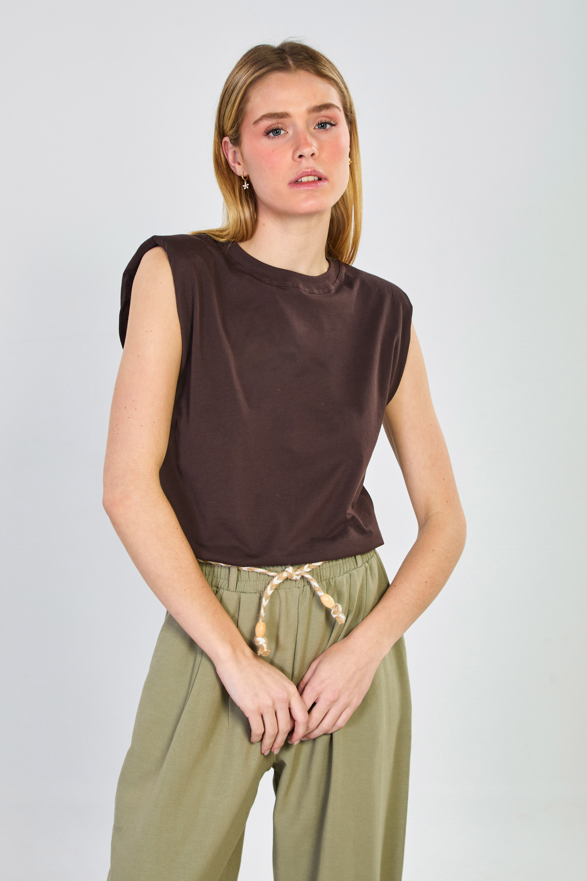 Kadın Vatkalı Kolsuz T-Shirt - Kahve