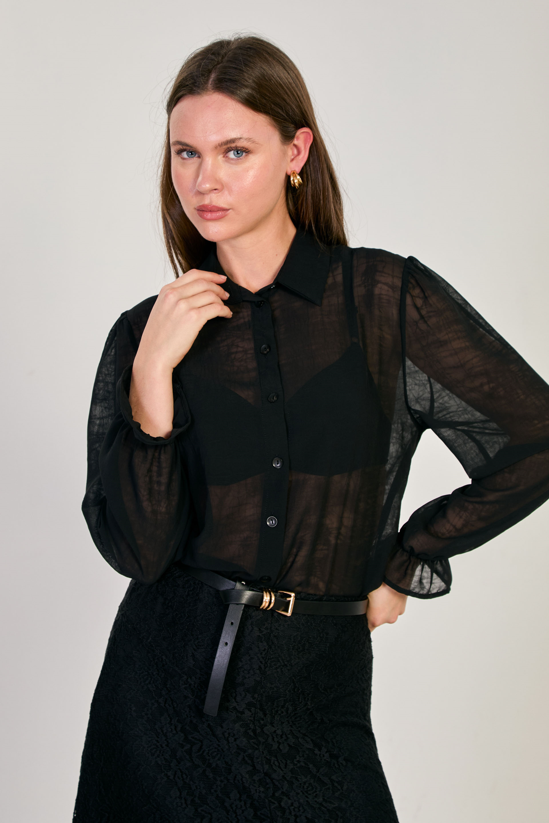 Kadın Dokulu Uzun Kollu Gömlek - Siyah