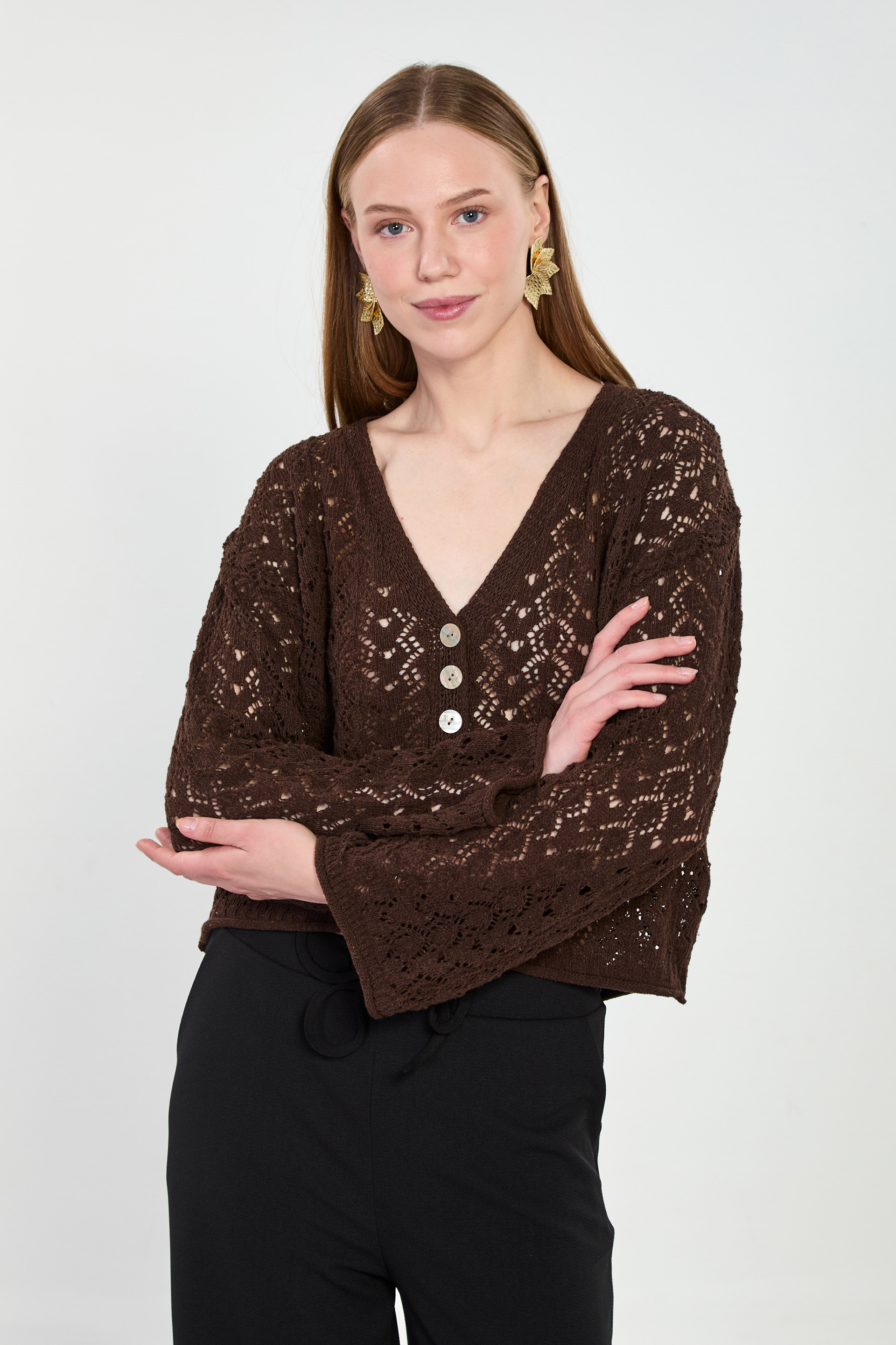 Kadın 5 Düğmeli Ajurlu Hırka - Acı Kahve