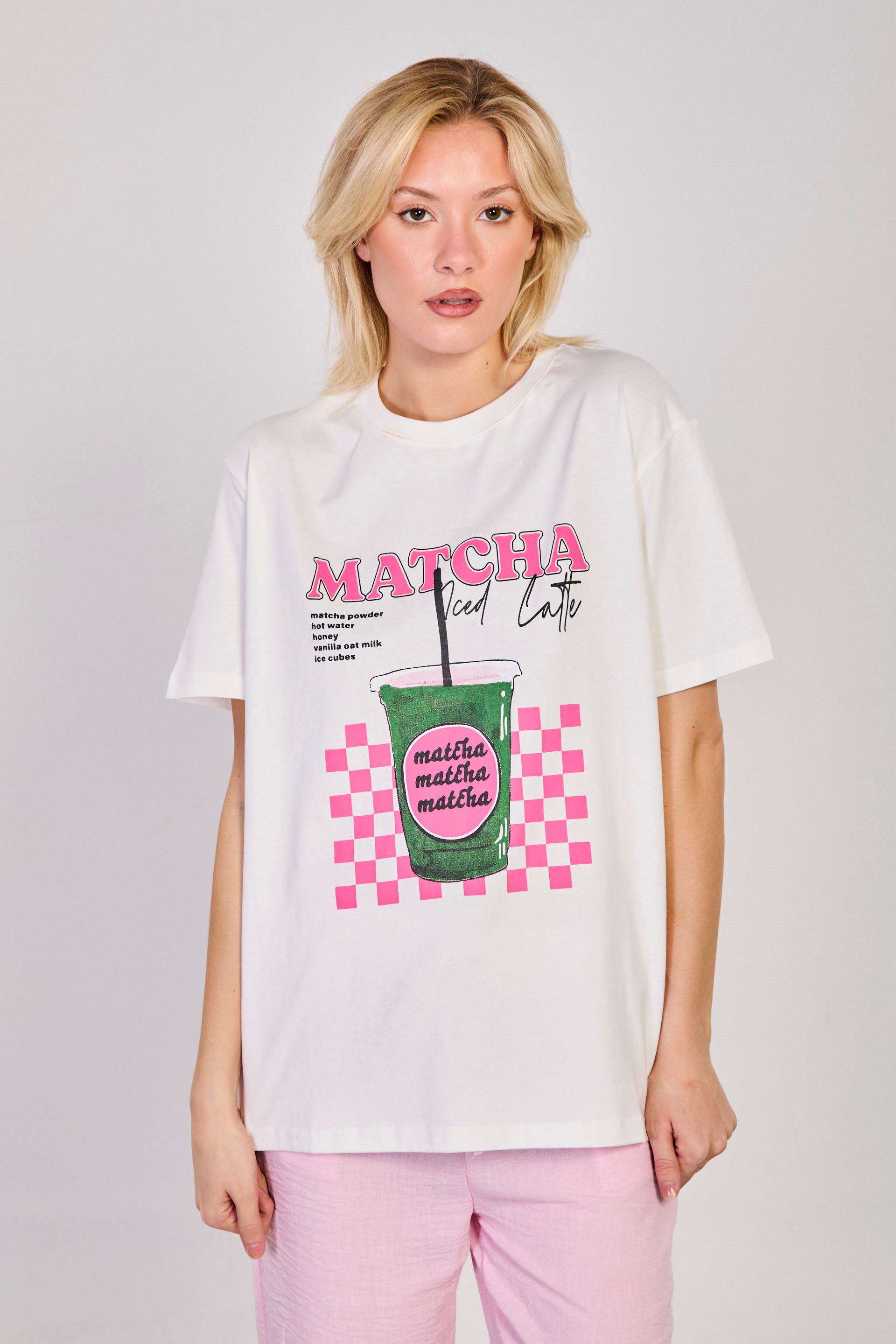 Kadın Matcha Latte Baskılı T-Shirt - Ekru