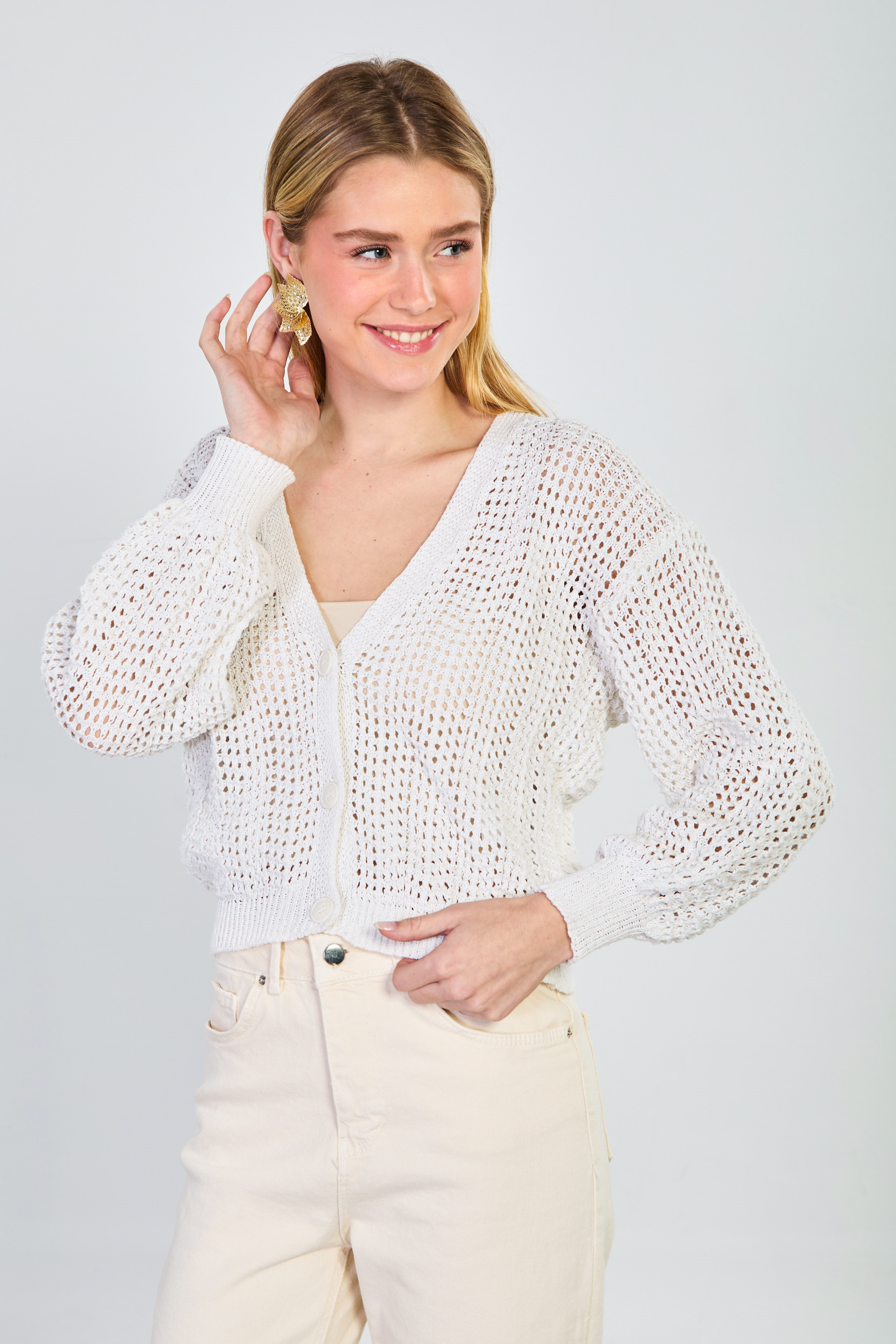 Kadın 3 Düğmeli Ajurlu Hırka - Natural