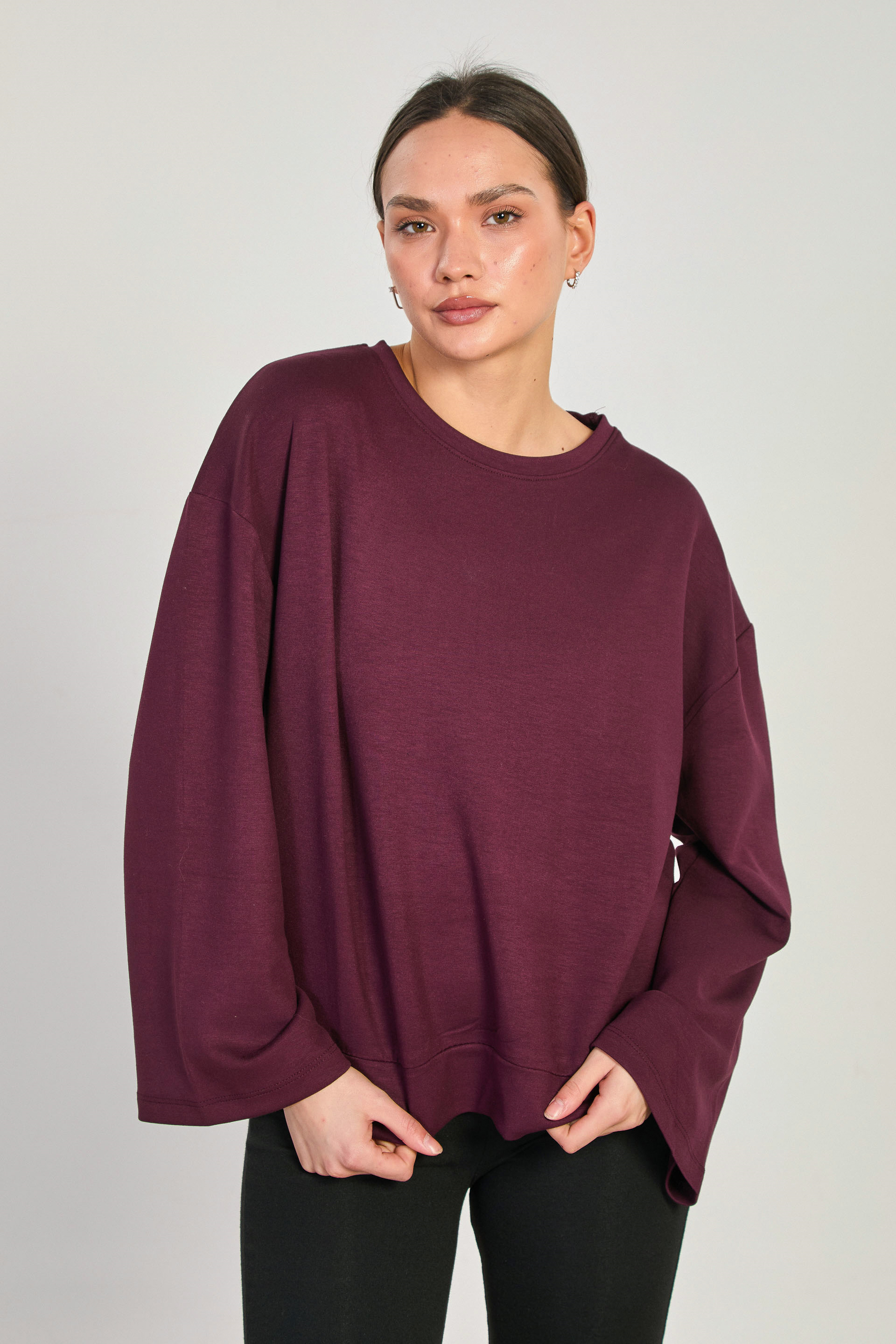 Kadın Geniş Kol Modal Sweatshirt - Mürdüm