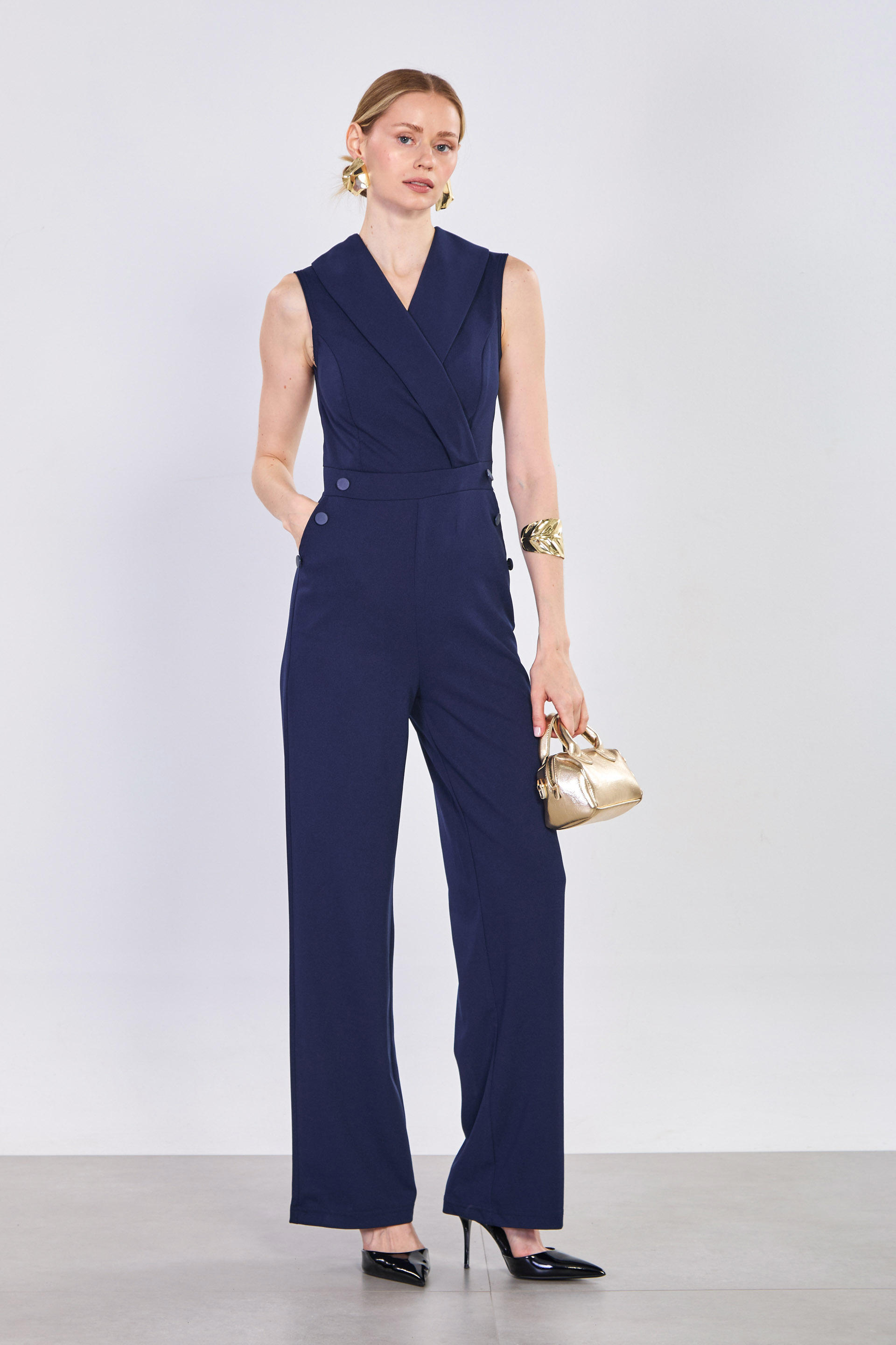 Kadın Kruvaze Yaka Düğme Detay Tulum - Lacivert