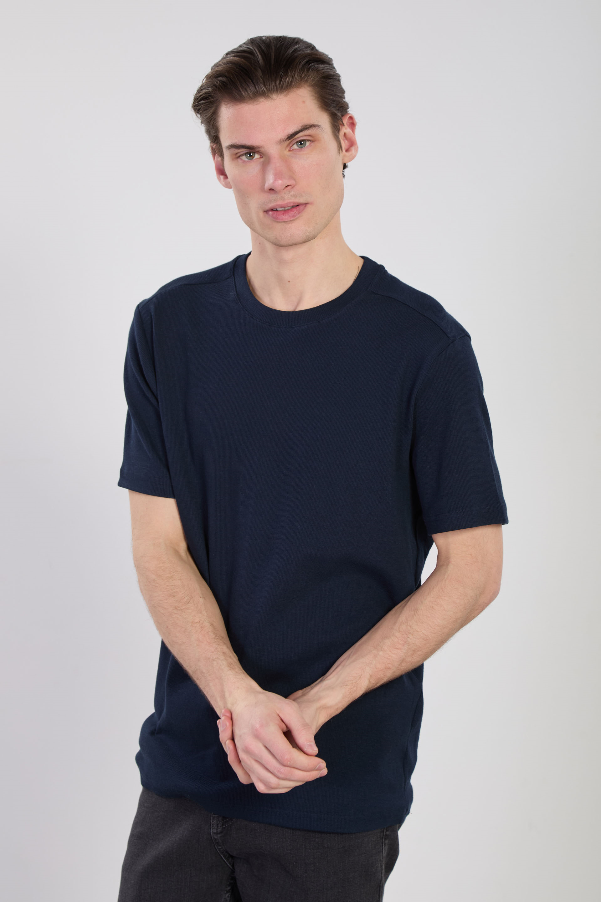 Erkek İnce Fitilli Basic T-Shirt - İndigo