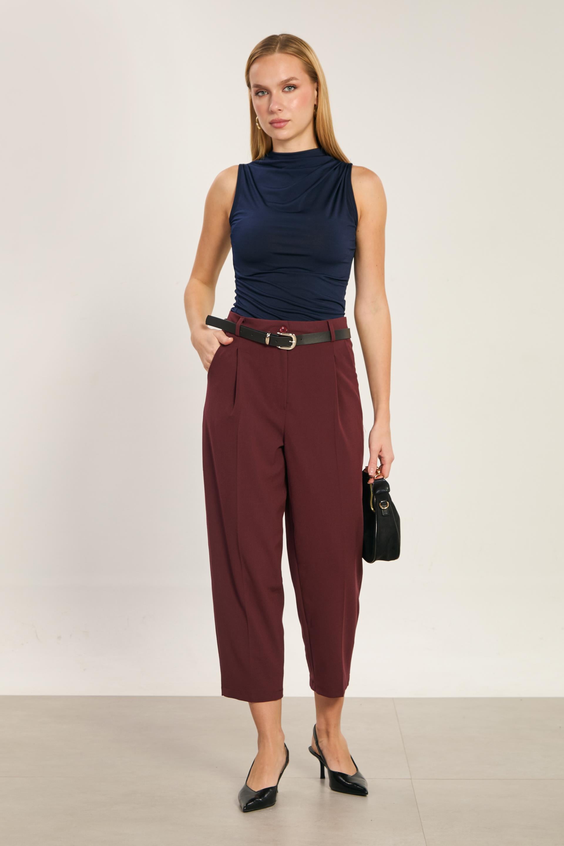 Kadın Kemerli Havuç Pantolon - Bordo