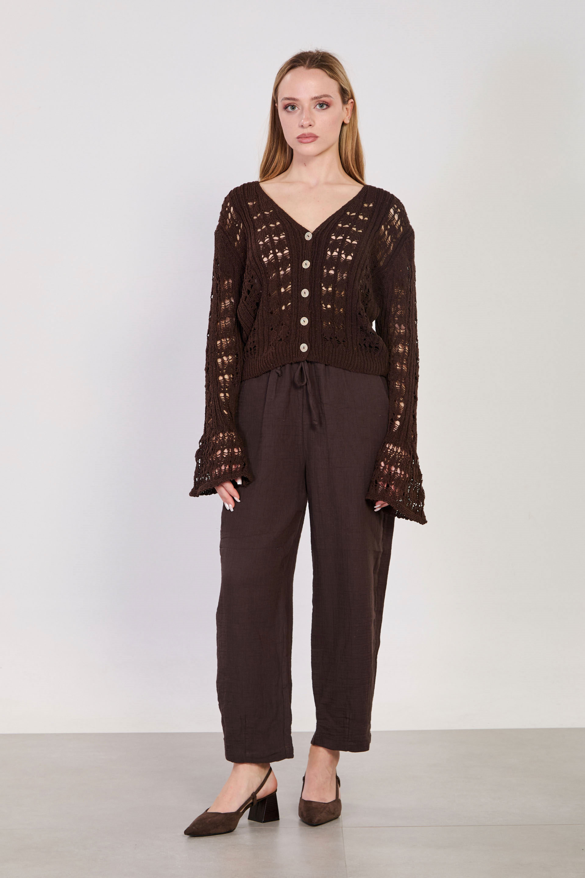 Kadın Beli Bağlamalı Havuç Pantolon - Kahve