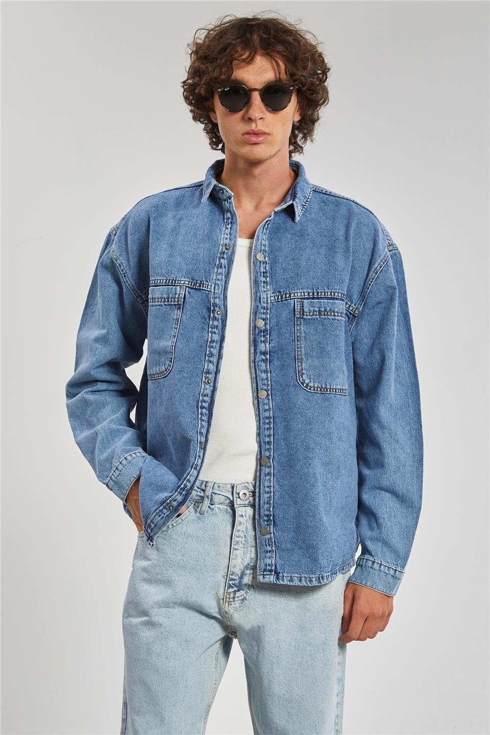 Çift Cep Çıtçıtlı Erkek Gömlek - Mavi Kar Yıkama