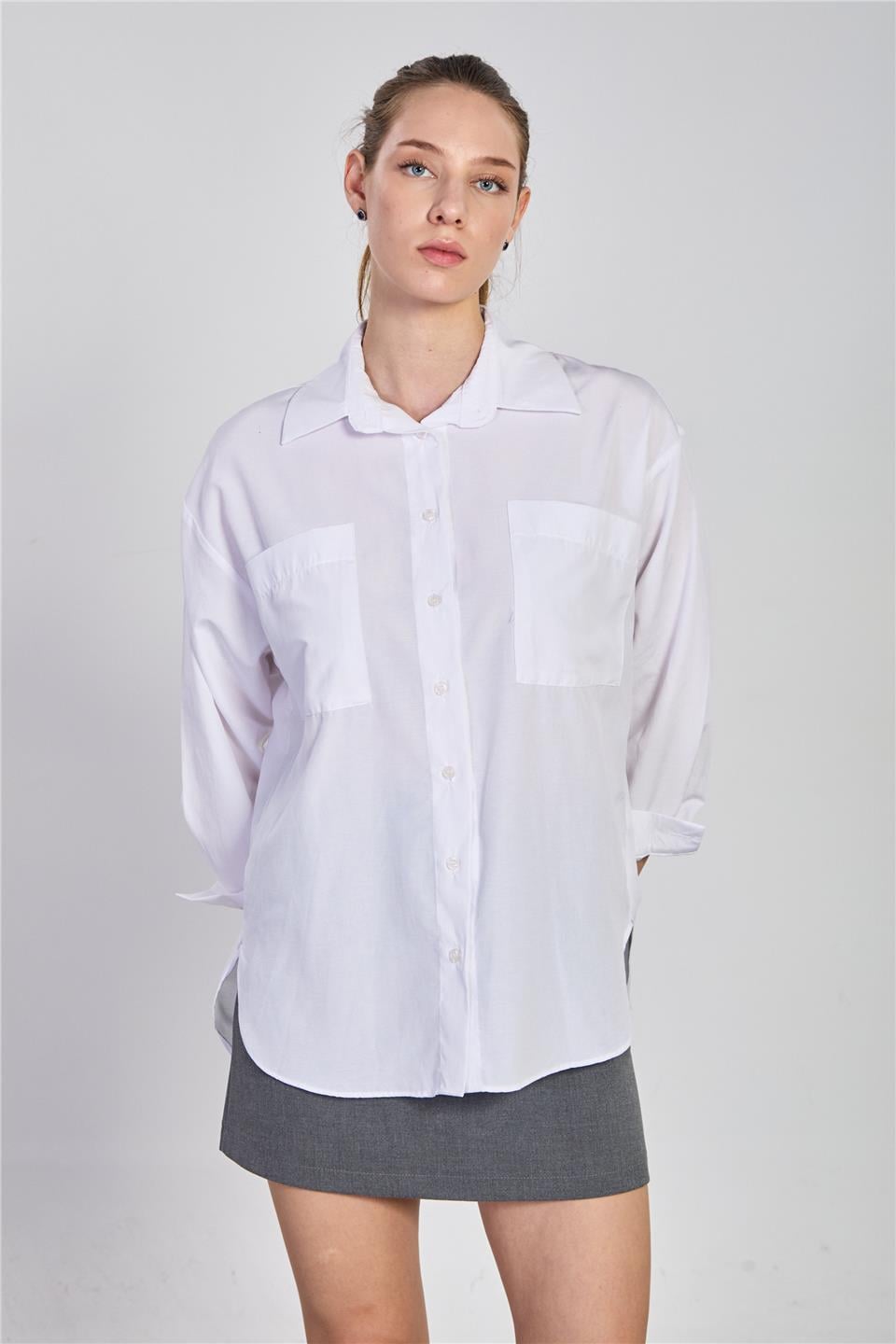 Çift cep uzun kol gömlek-8568-1 Beyaz
