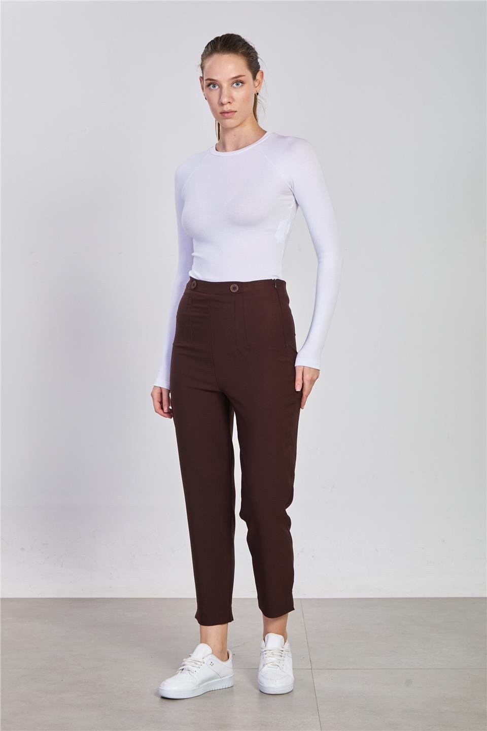 Çift düğmeli pantolon-2343 Kahve