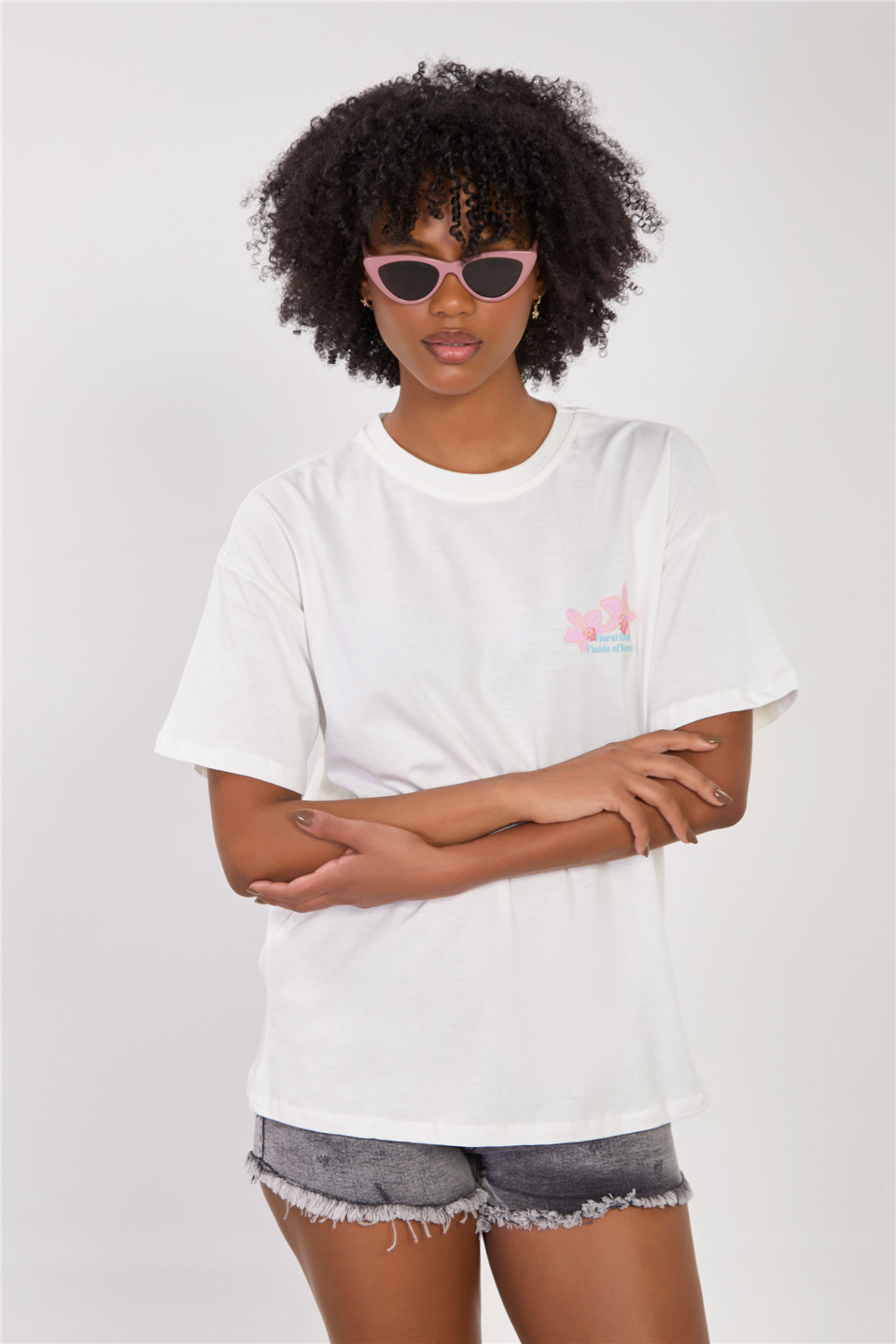 Kadın Sırtı Lotus Baskılı T-Shirt - Ekru