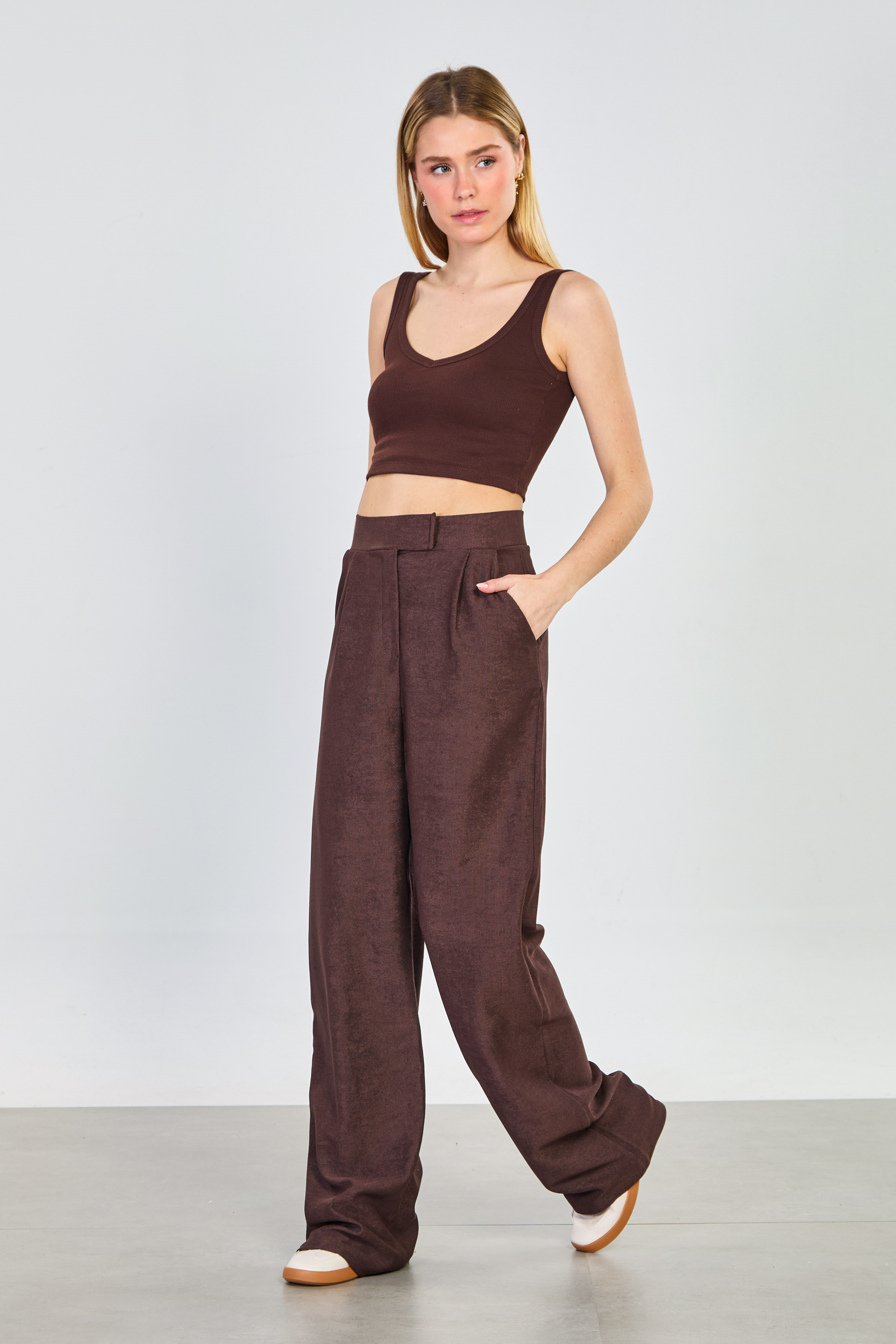 Kadın Cırt Detay Bol Pantolon - Acı Kahve