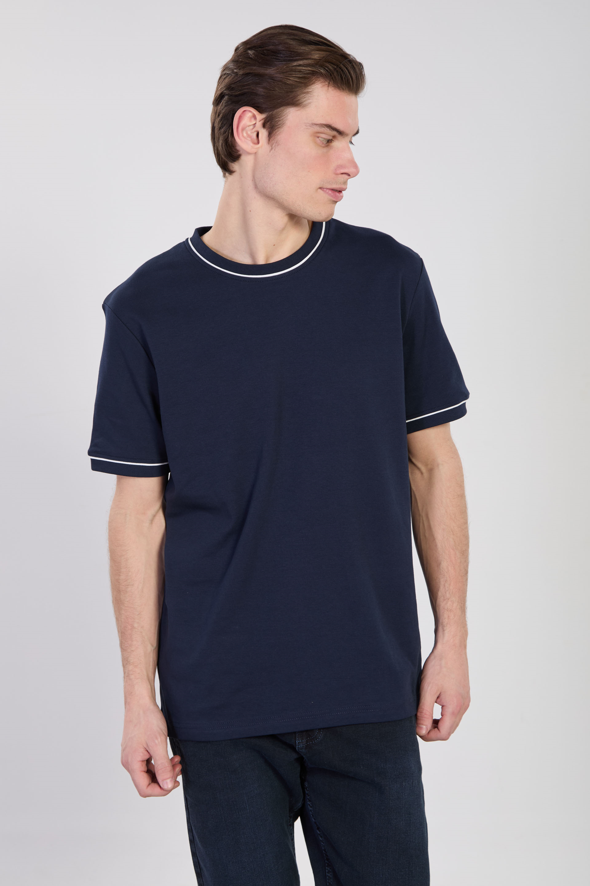 Erkek Biye Detaylı Bisiklet Yaka T-Shirt - İndigo