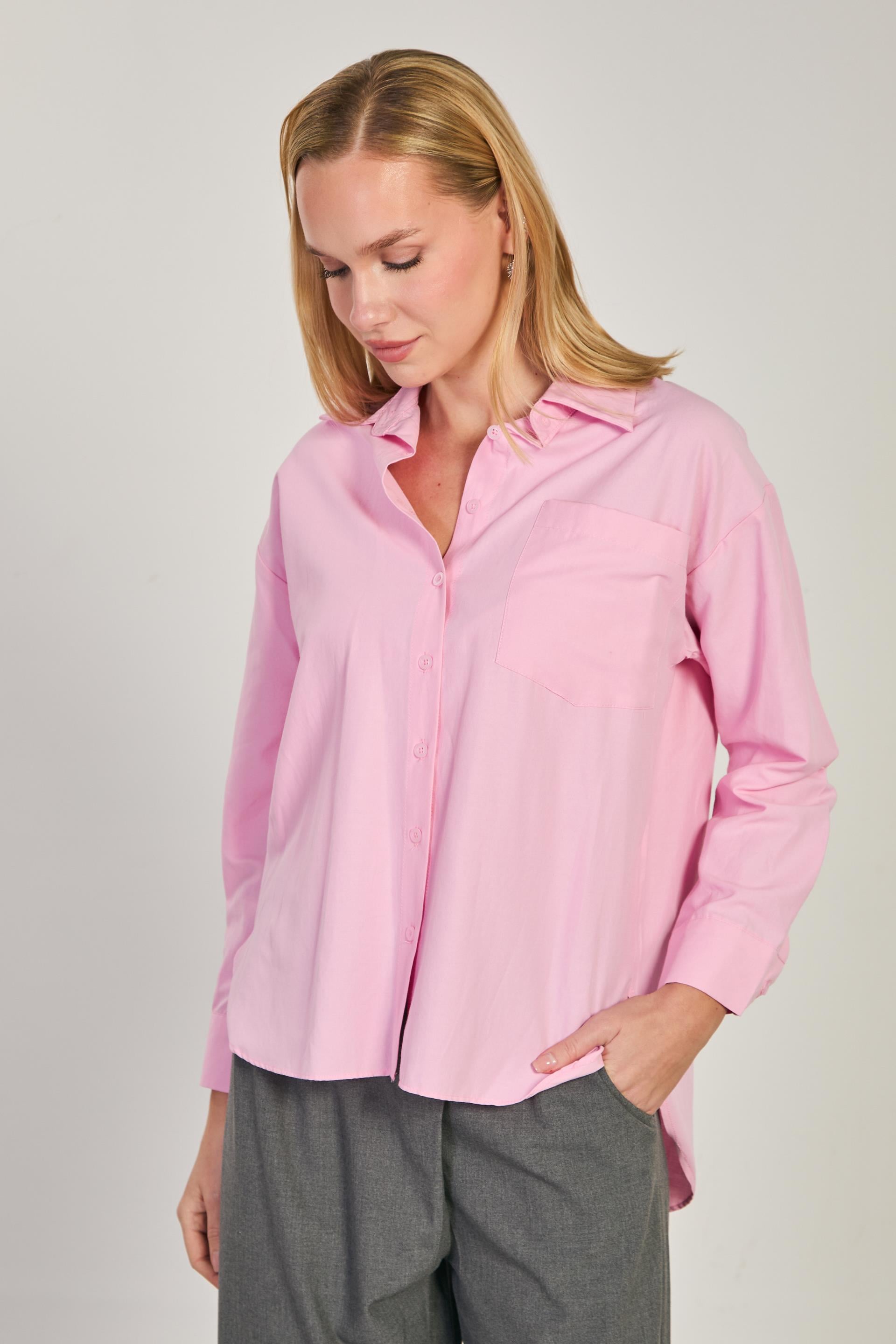 Kadın Tek Cepli Uzun Kol Gömlek - Pembe