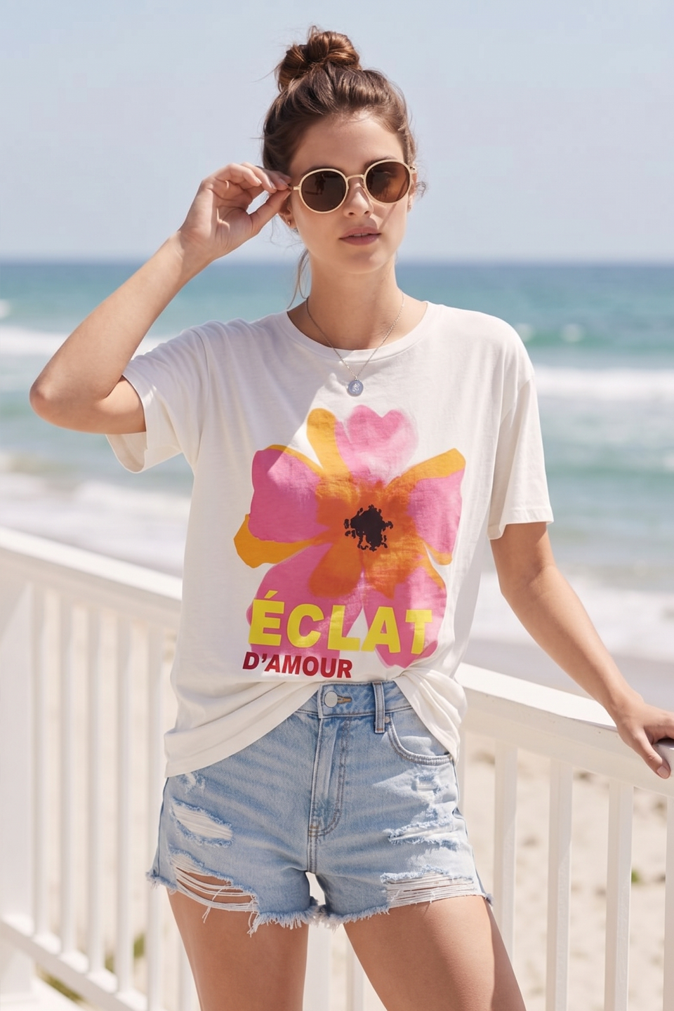 Kadın Eclat Lotus Baskılı T-Shirt - Ekru