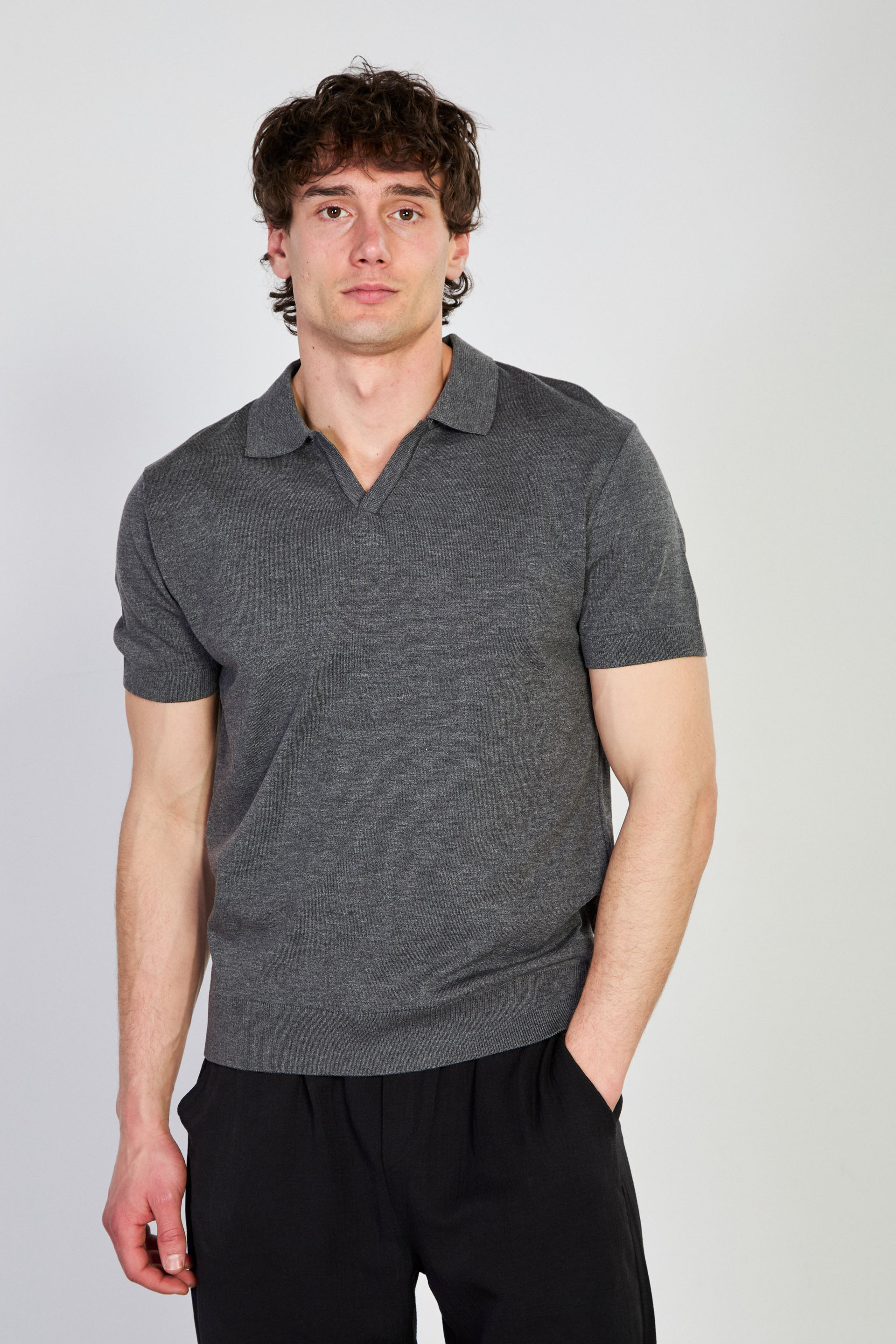 Erkek Bisiklet Yaka Triko T-Shirt - Antrasit