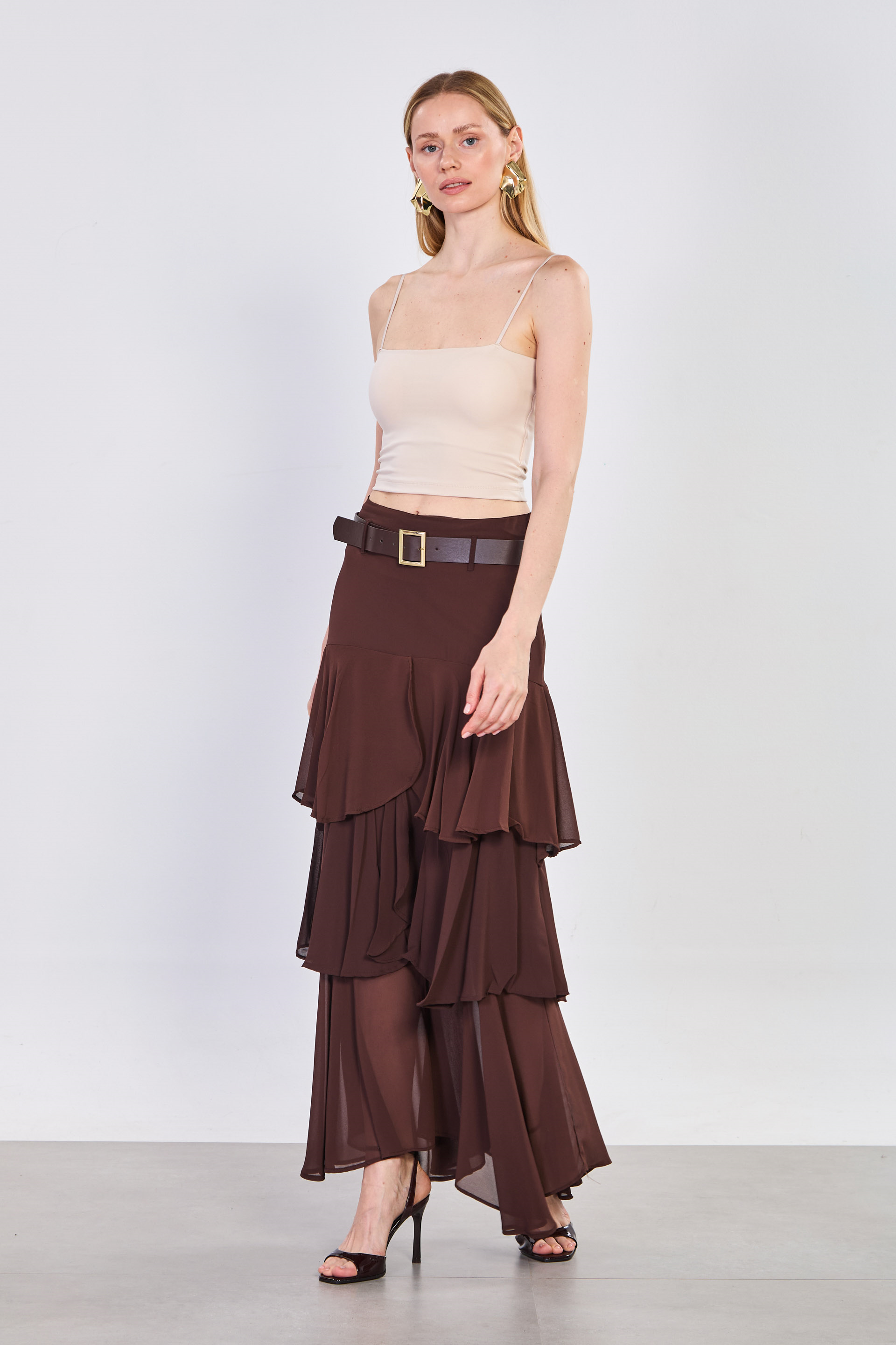 Kadın Kemerli Fırfırlı Uzun Şifon Etek - Acı Kahve