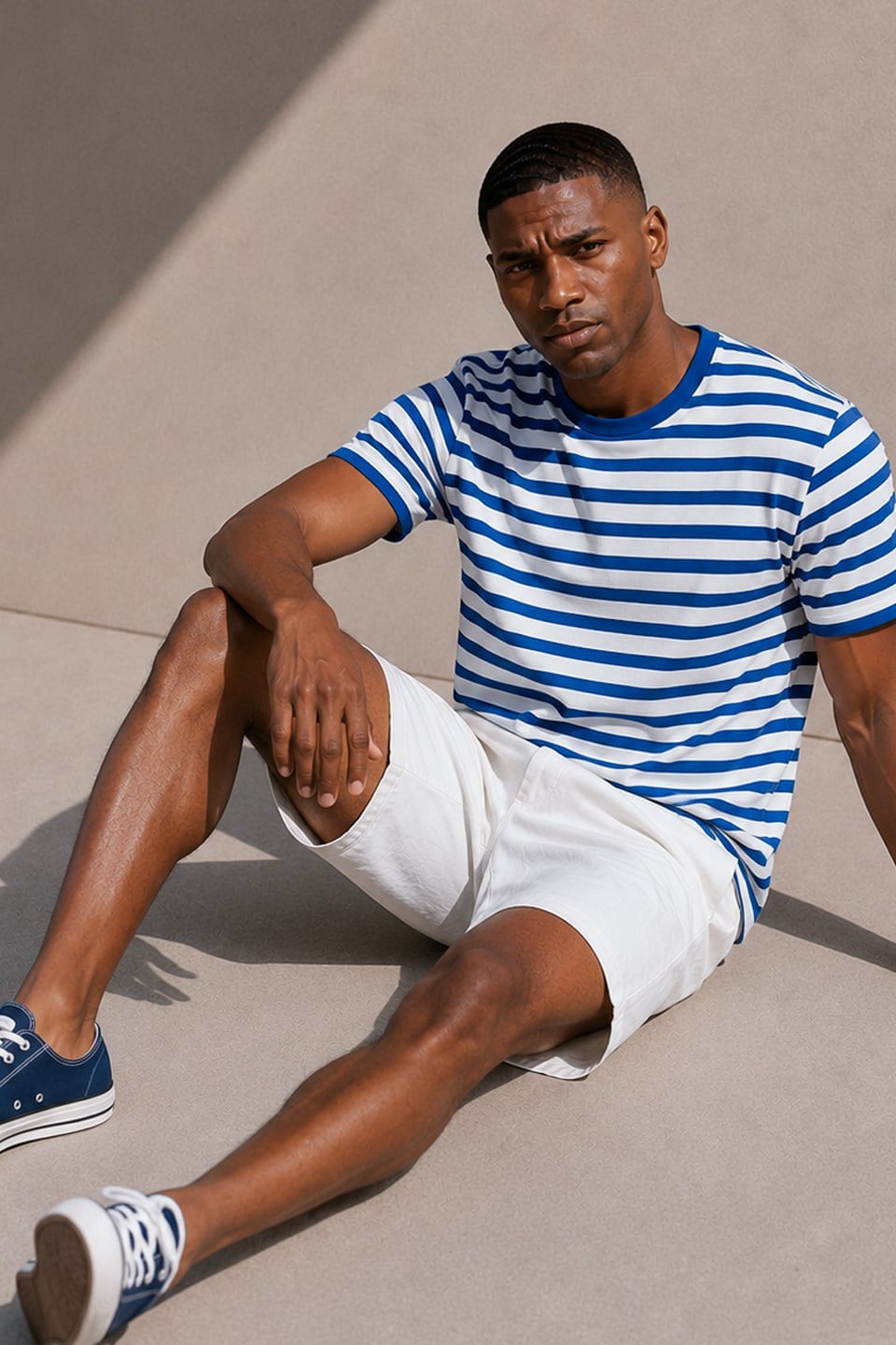 Erkek İnce Çizgili Oversize T-Shirt - Mavi