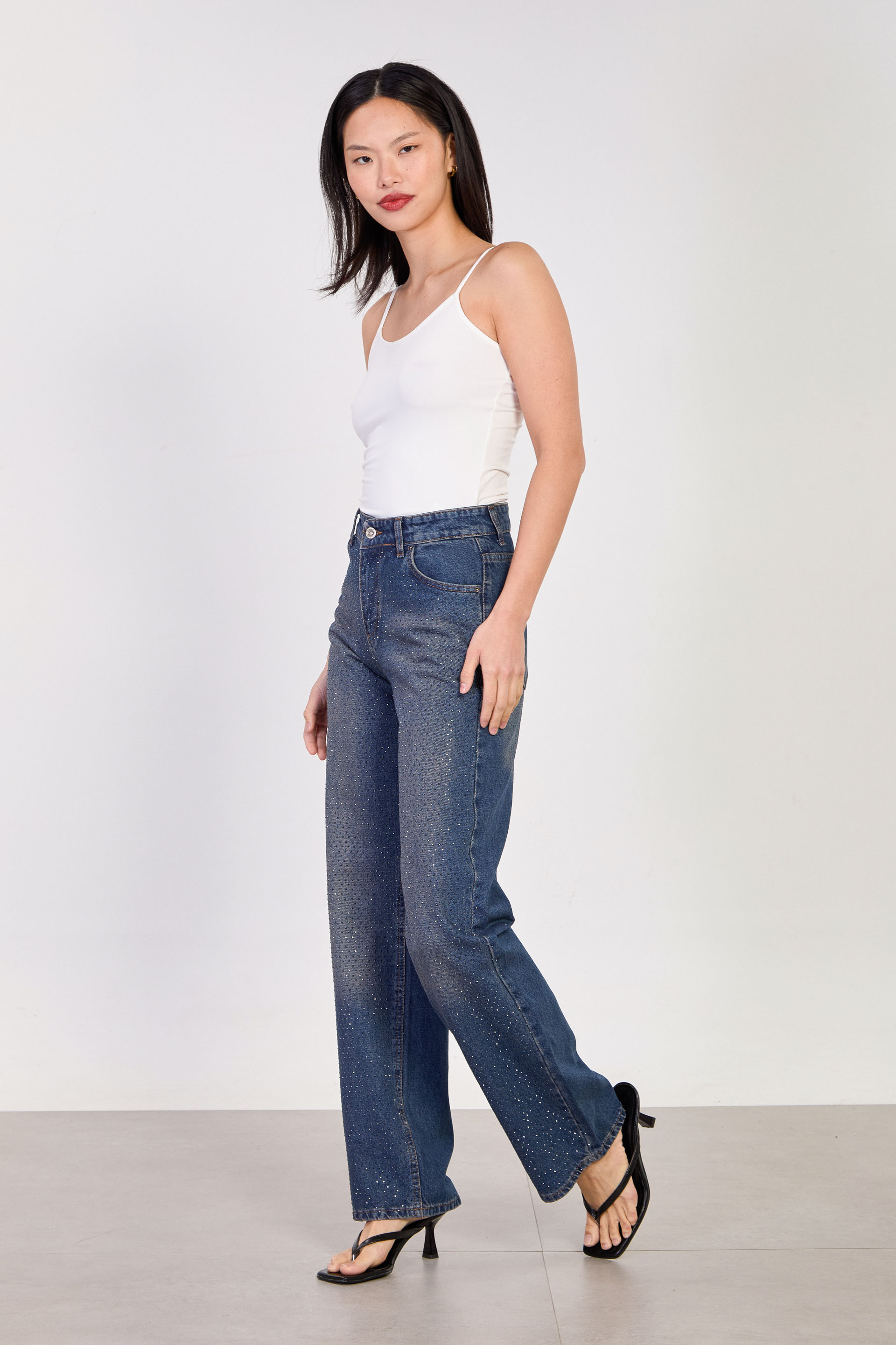 Kadın J63 Serpme Taş Baskılı Palazzo Jean Pantolon - Kahve