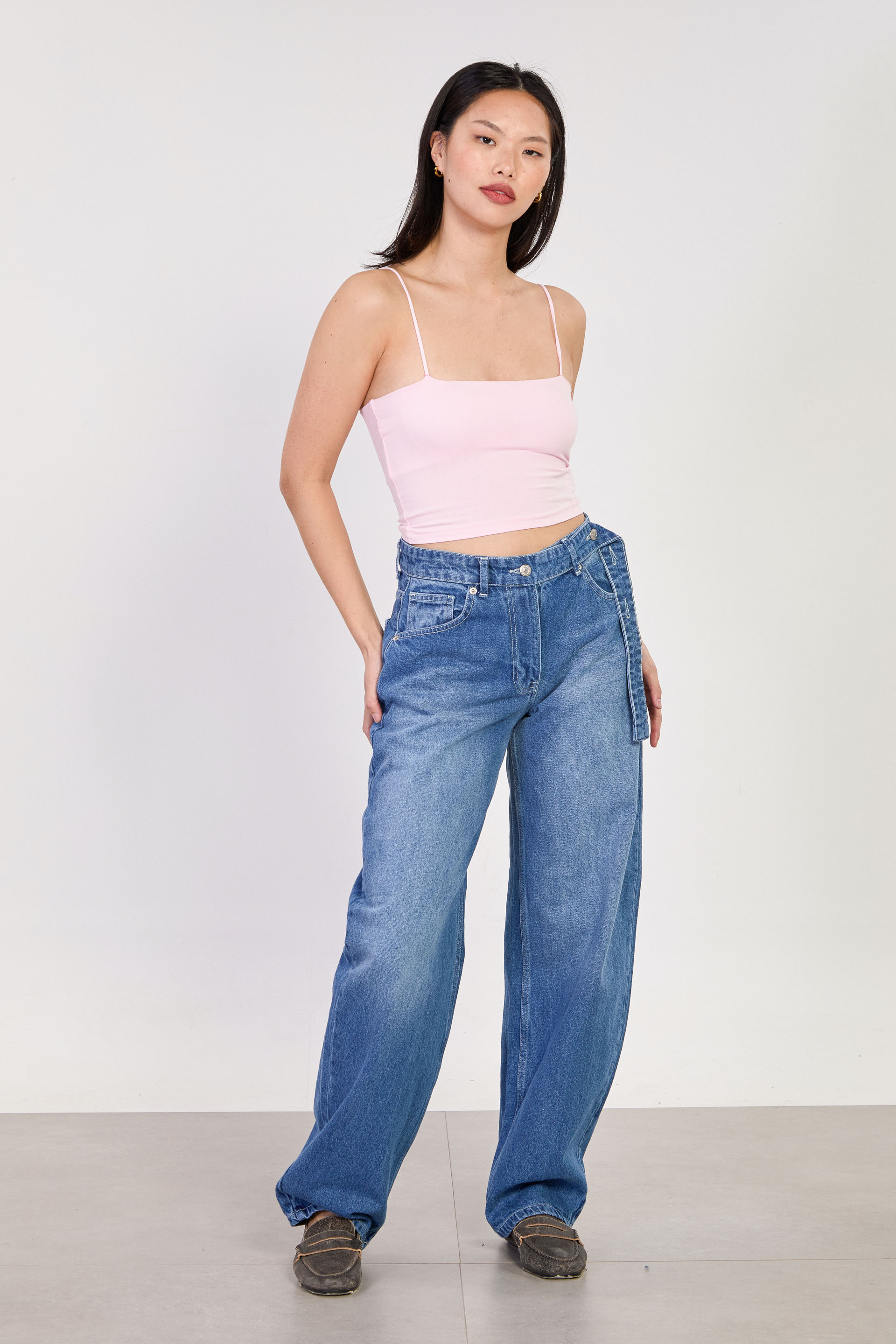 Kadın J91 Kuşaklı Baggy Jean Pantolon - Açık Mavi