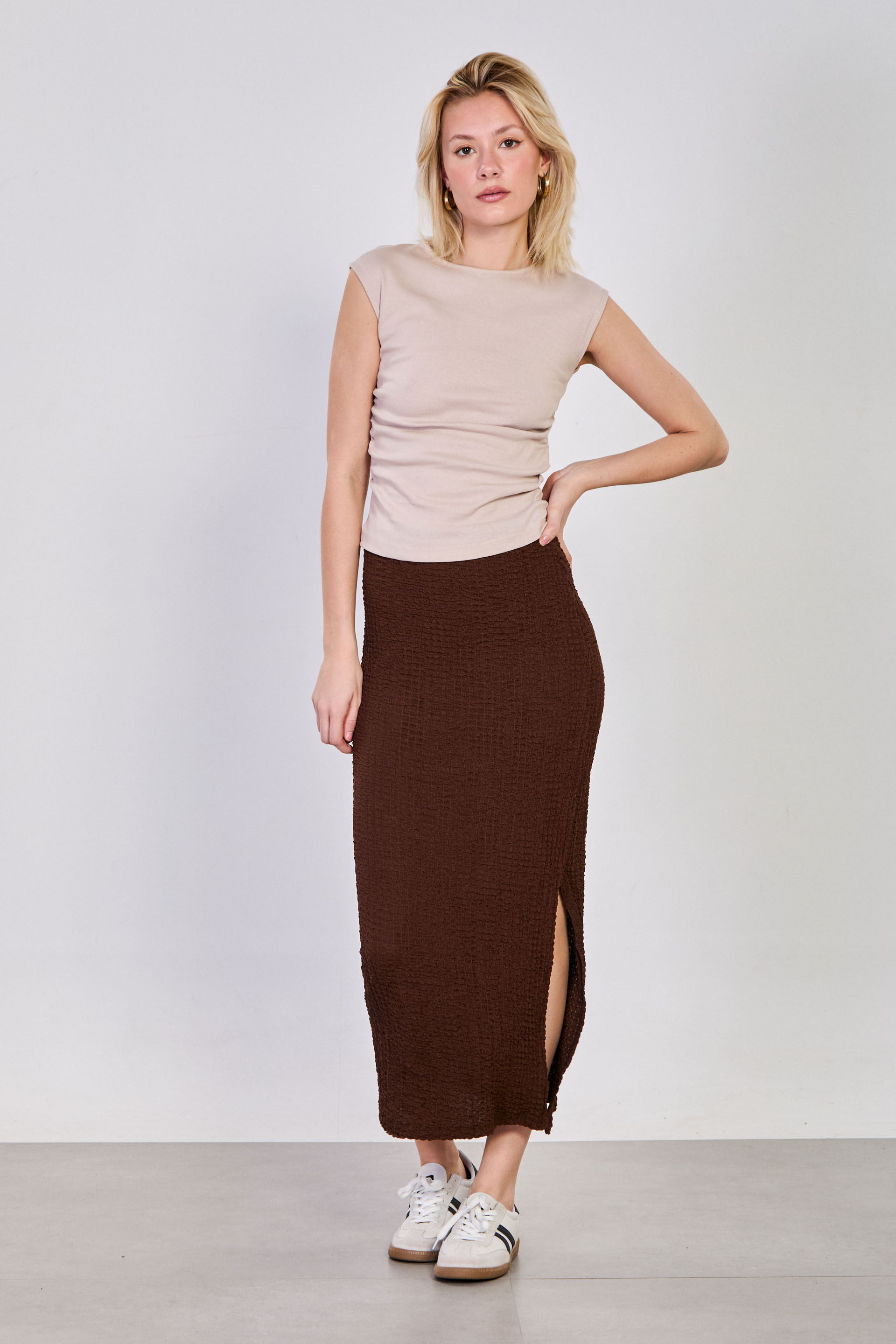 Kadın Yanı Yırtmalı Bubble Etek - Kahve