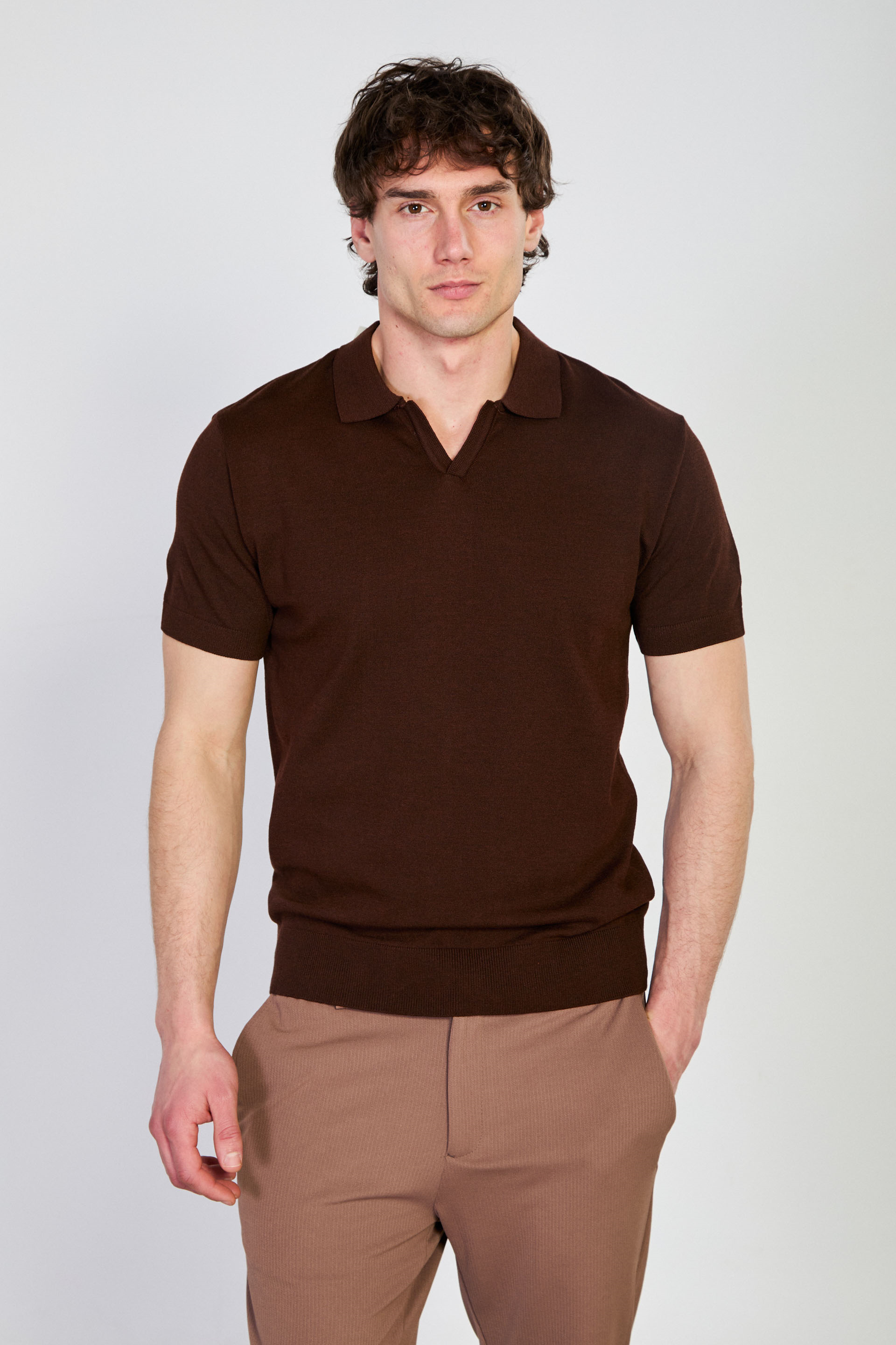 Erkek Bisiklet Yaka Triko T-Shirt - Kahve