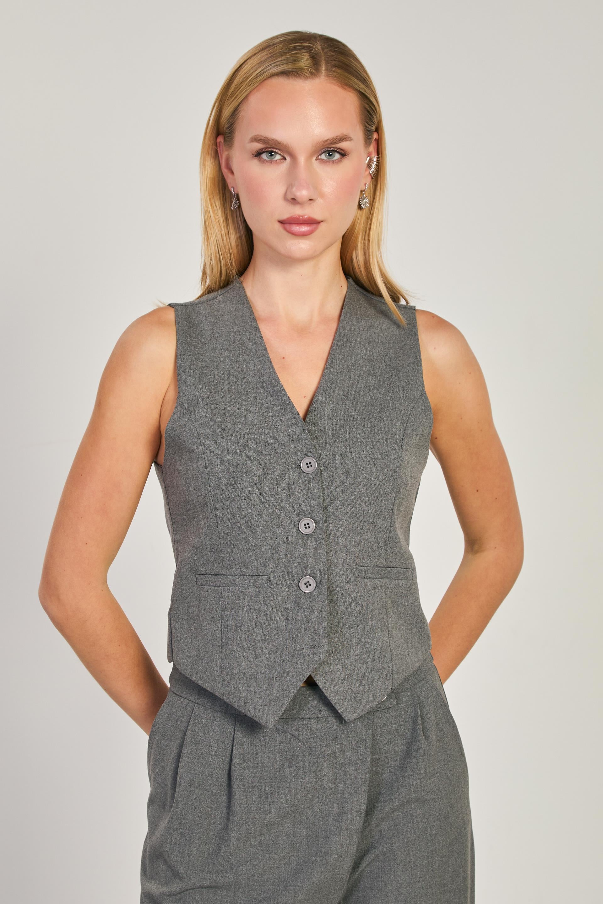 Kadın Düğmeli Fleto Cepli Yelek - Okul Gri