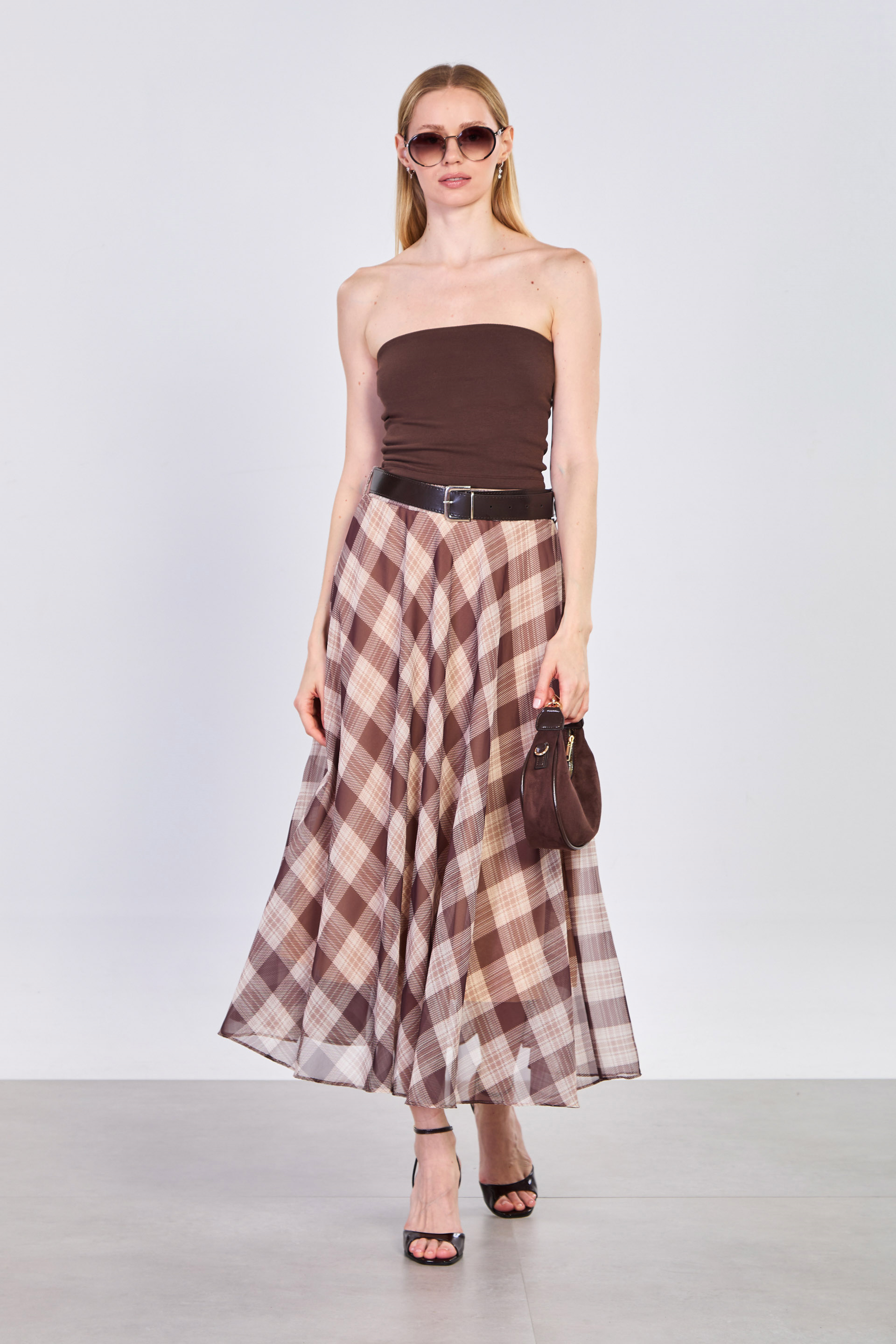 Kadın Kemerli Ekoseli Uzun Şifon Etek - Taş