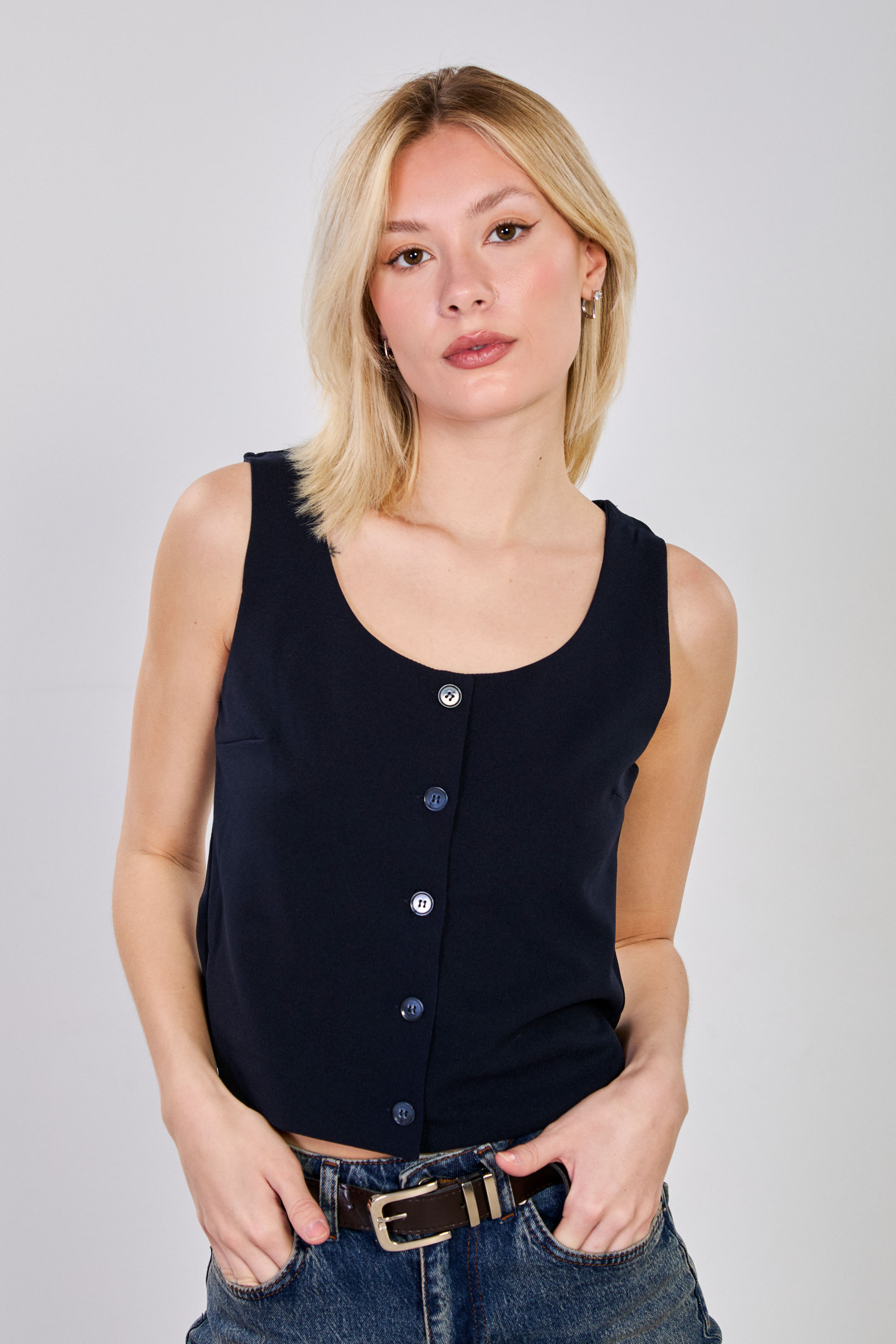 Kadın Düğmeli U Yaka Yelek - Koyu Lacivert