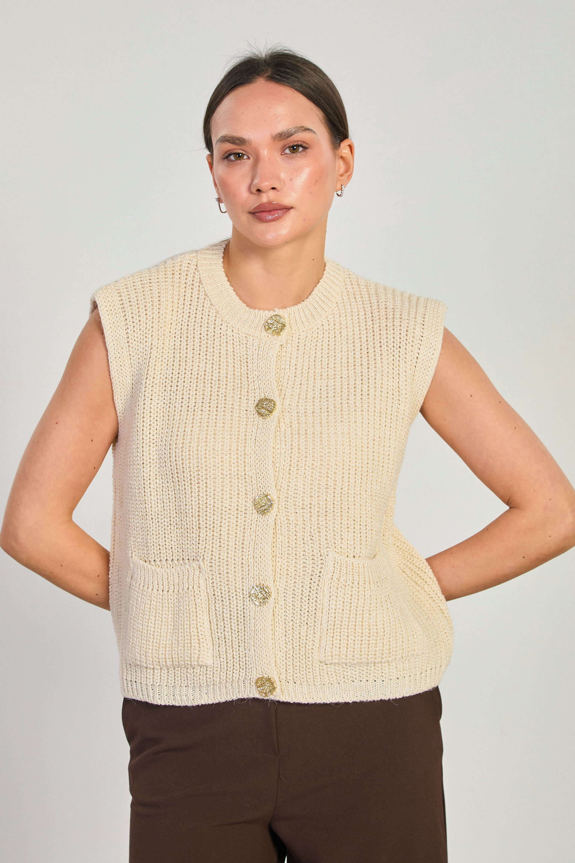 Kadın Gold Düğmeli Çift Cepli Süveter - Taş